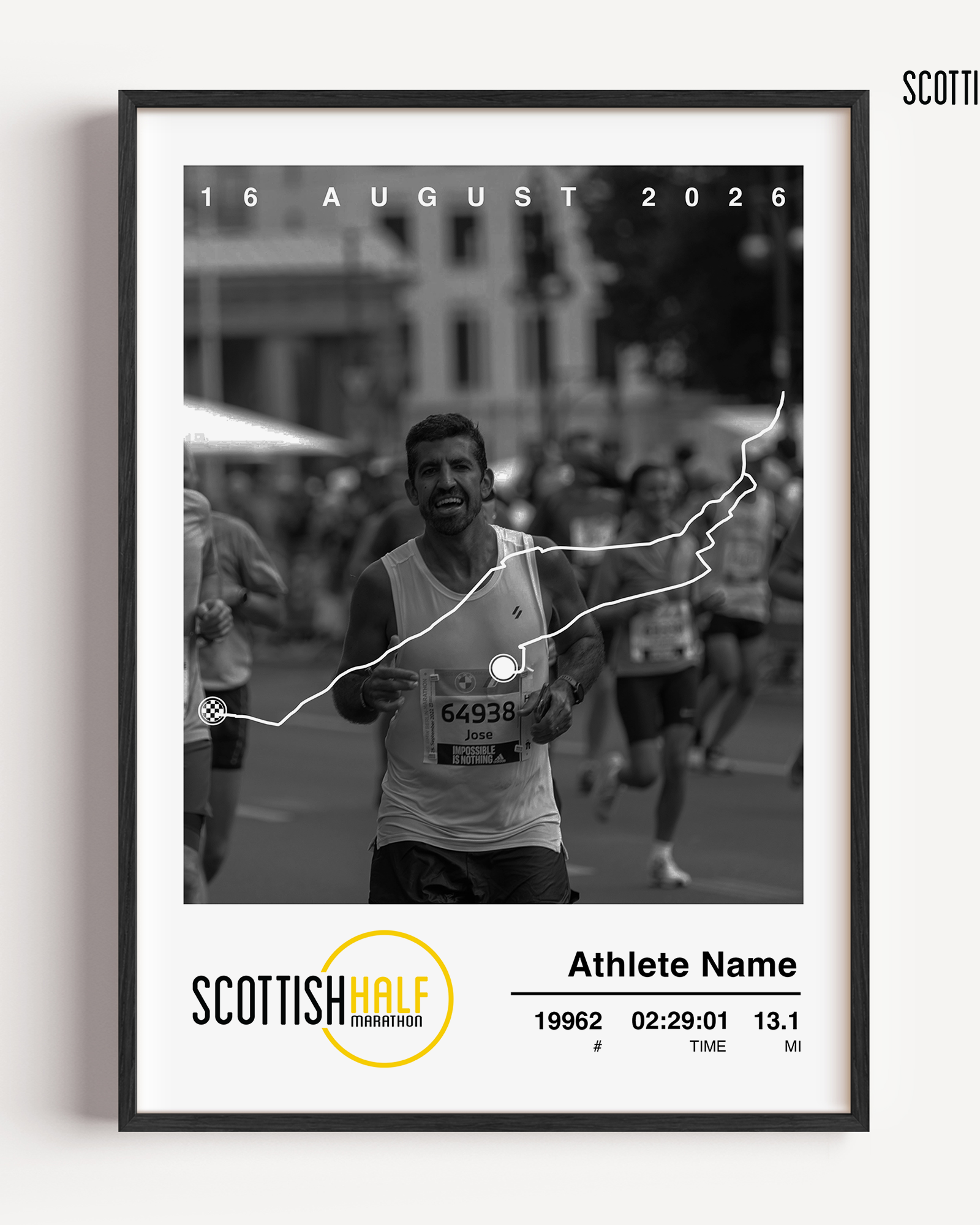 Personalised Scottish Half Marathon running print featuring the official course map, finisher time, bib details, and a customer race photo.