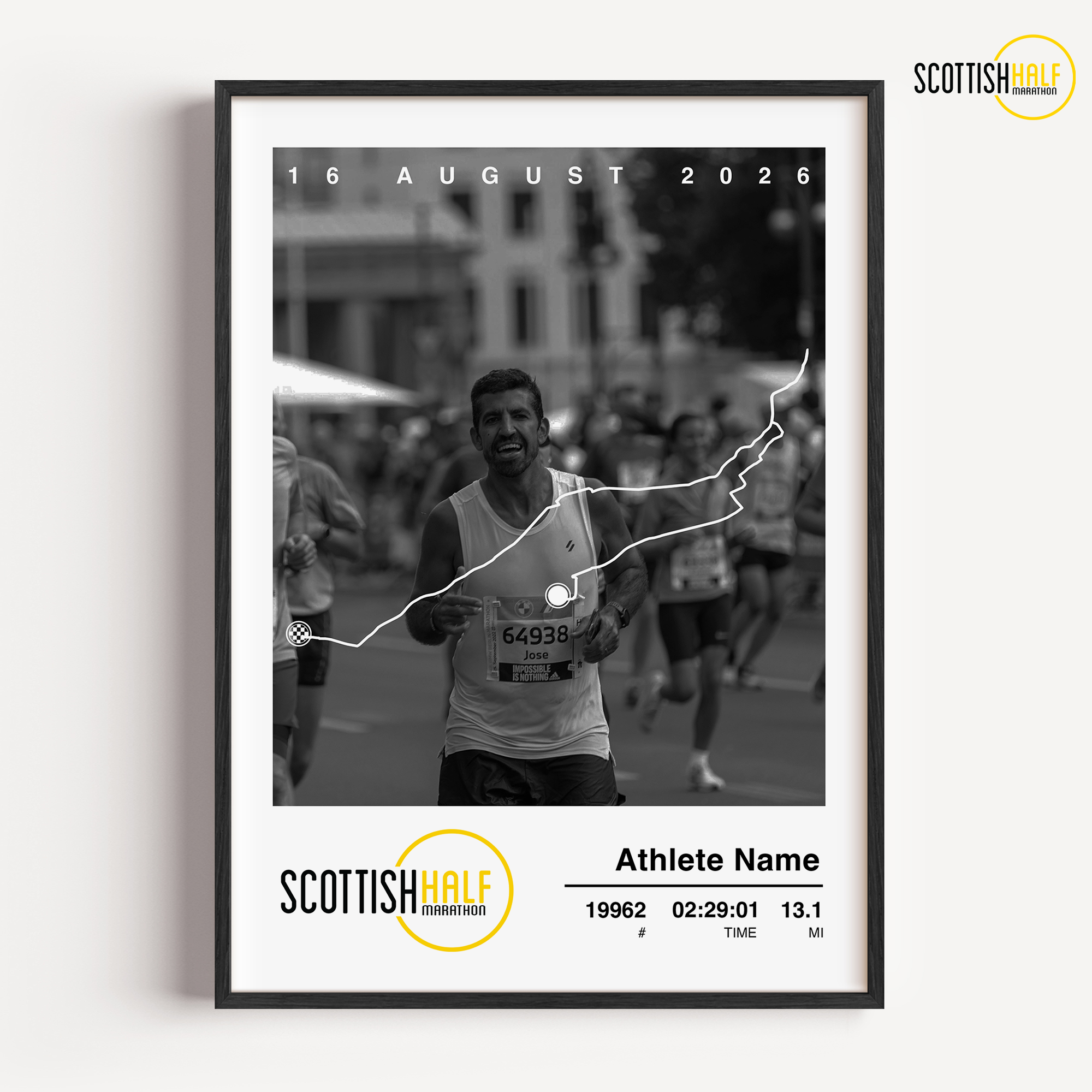 Personalised Scottish Half Marathon running print featuring the official course map, finisher time, bib details, and a customer race photo.