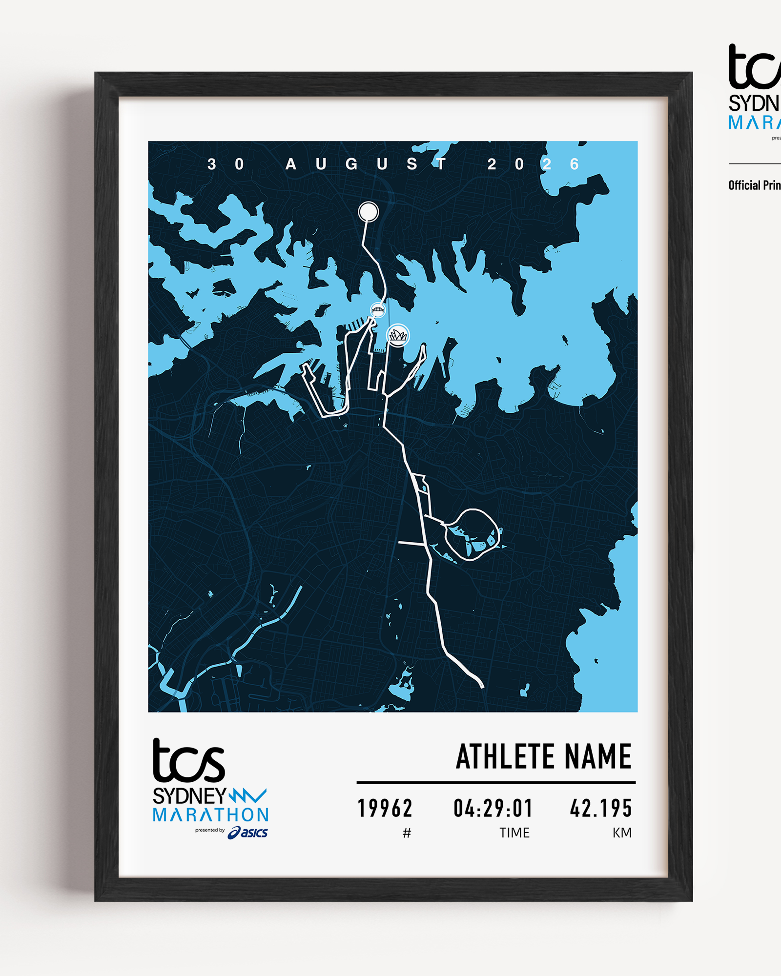 Official Sydney Marathon 2026 custom blue commemorative print featuring the race course map, event branding, personalised bib number, finish time and runner name.