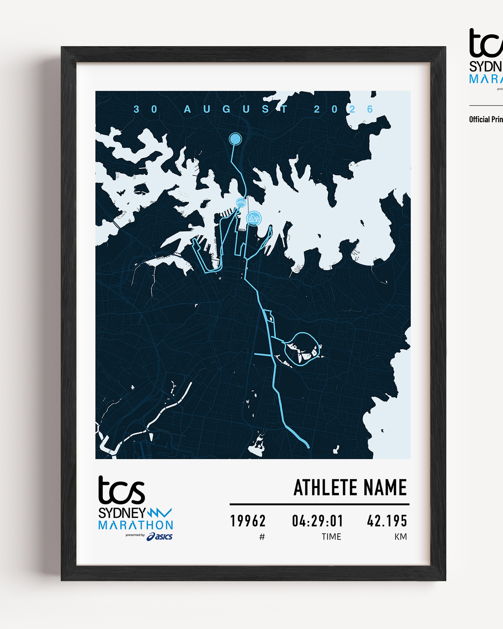 Official Sydney Marathon 2026 custom light commemorative print featuring the race course map, event branding, personalised bib number, finish time and runner name.