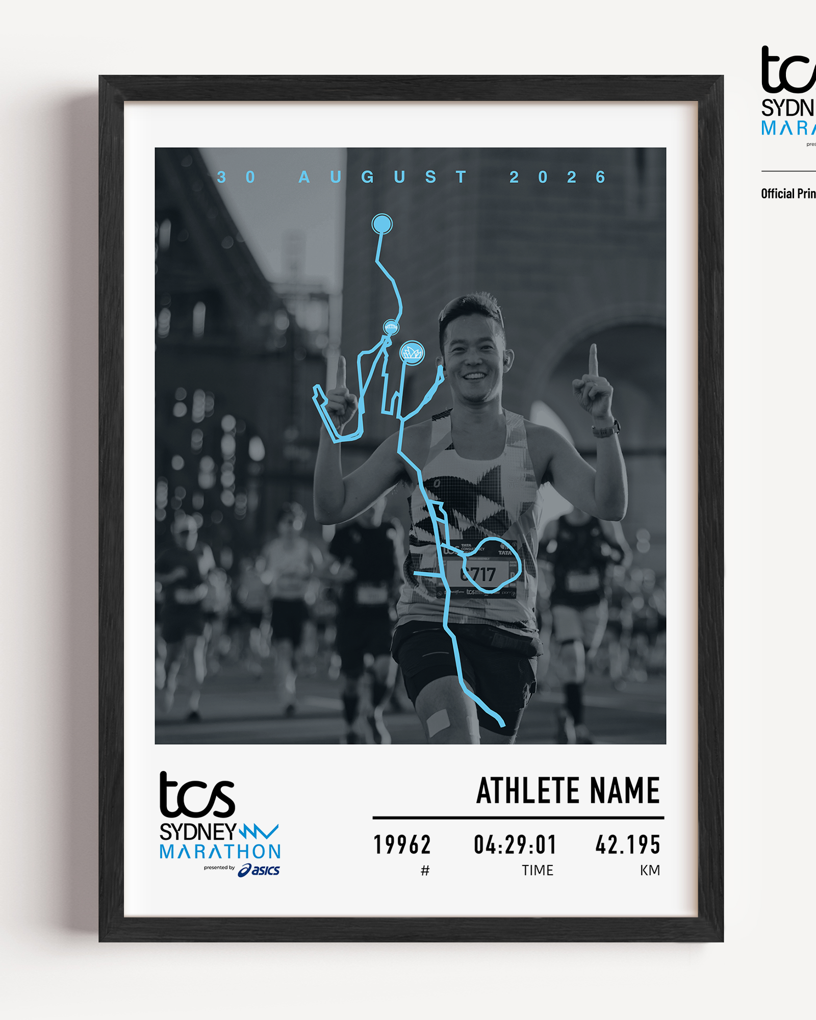 Official Sydney Marathon 2026 personalised print featuring your uploaded race photo, course map, event details, bib number, finish time and runner name.