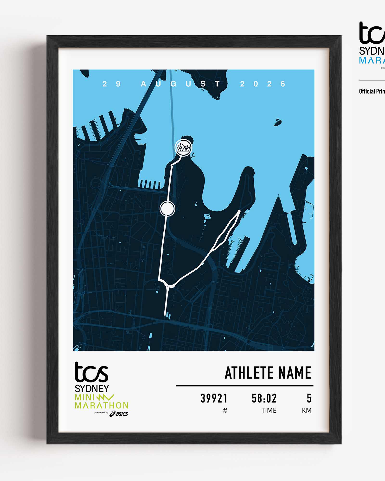 Official Sydney Mini Marathon 2026 custom dark commemorative print featuring the race course map, event branding, personalised bib number, finish time and participant name.