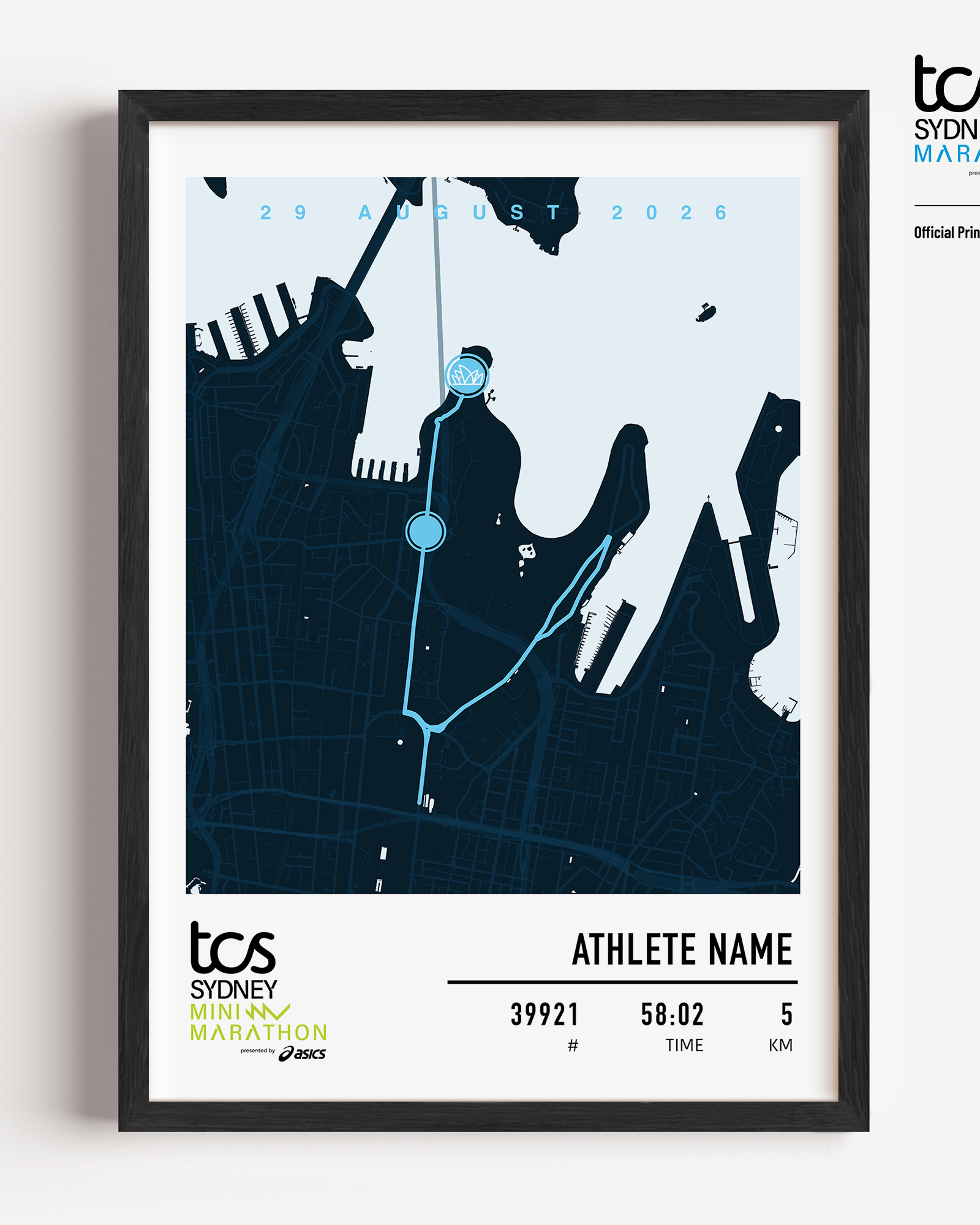 Official Sydney Mini Marathon 2026 custom dark commemorative print featuring the race course map, event branding, personalised bib number, finish time and participant name.