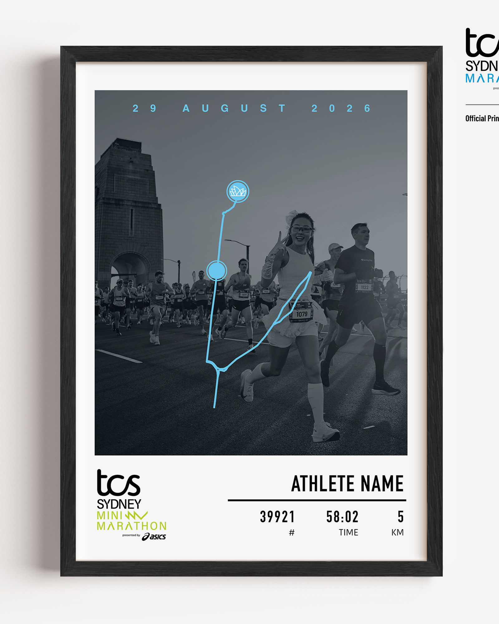 Official Sydney Mini Marathon 2026 personalised print featuring your uploaded race photo, course map, event details, bib number, finish time and participant name.