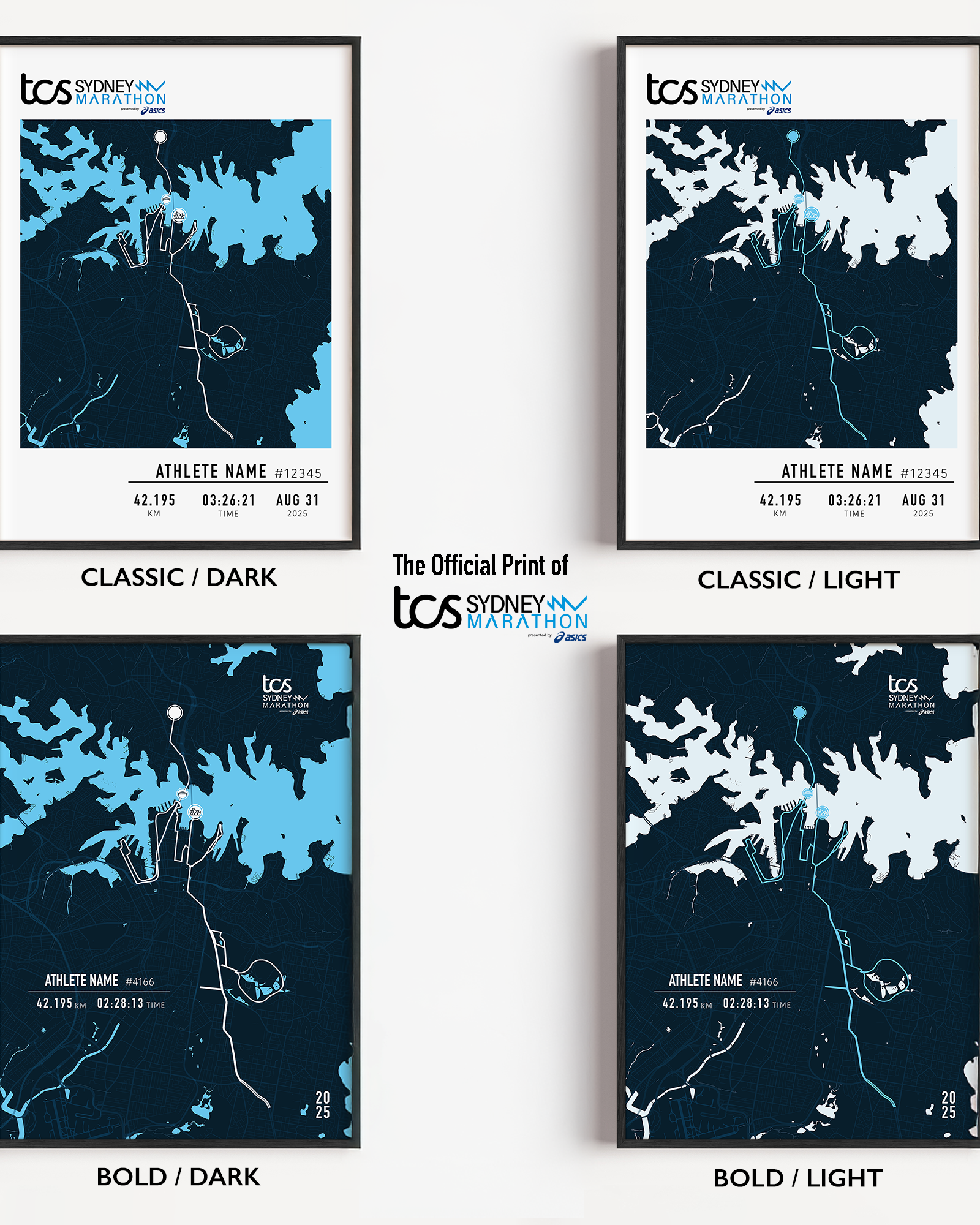 Four Sydney Marathon framed maps with different color schemes on a white background