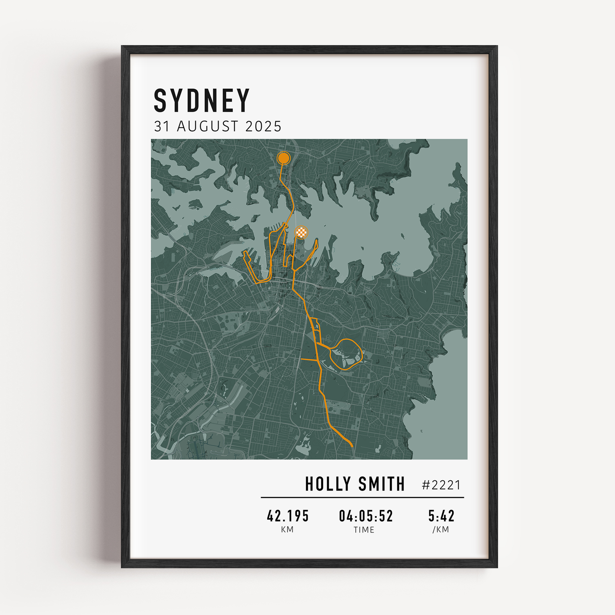 Custom Sydney Marathon map poster showcasing the iconic race route, personalised with GPX data.
