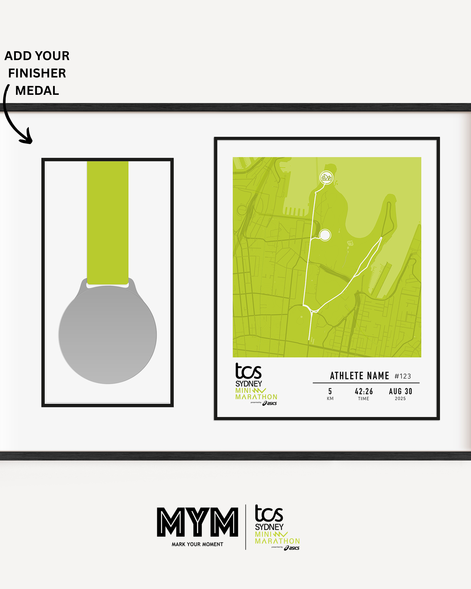 Framed Sydney Mini Marathon display featuring the official mini marathon medal mounted alongside a custom-printed route map of the course through Sydney. The print includes the runner's name, finish time, bib number, race date, and personalized statistics. Clean, modern black frame with white matting enhances the commemorative design.