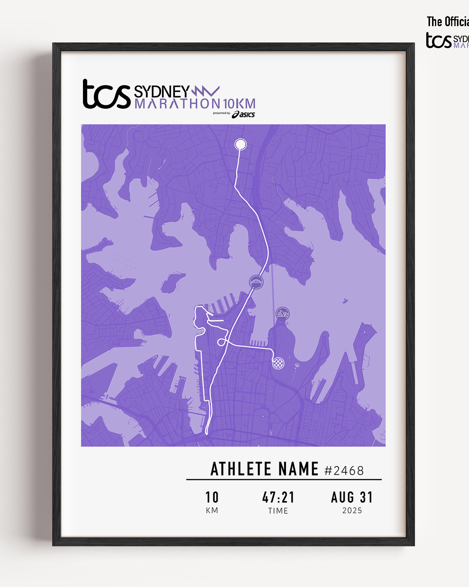 Framed custom print of the 2025 TCS Sydney Marathon 10km, featuring a purple race map with a 10km route. Personalised with the athlete's name, bib number, finish time, and date. Part of the official MYM (Mark Your Moment) collection.