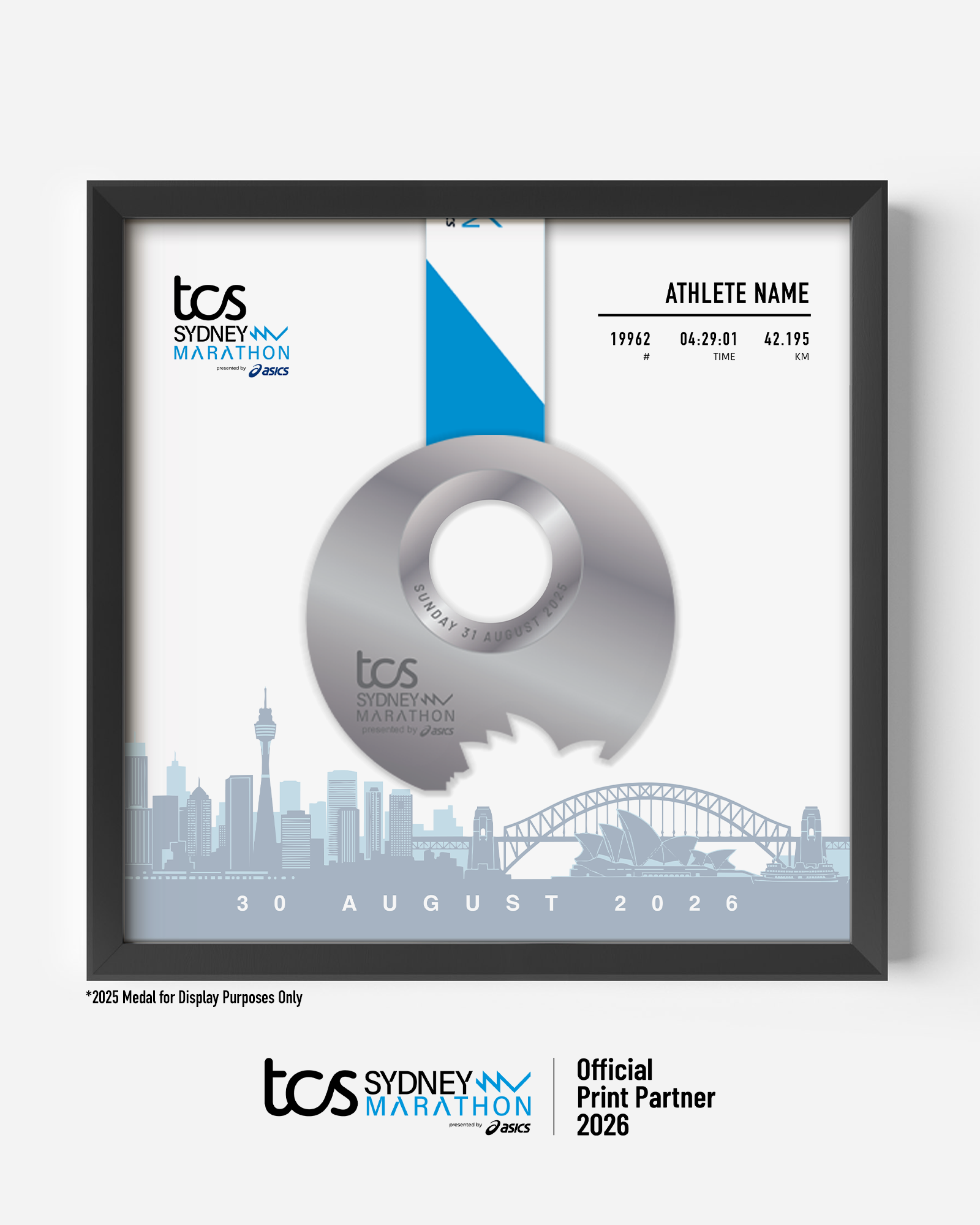 Official 2026 TCS Sydney Marathon medal collector frame featuring a finisher’s medal display alongside a race day photo and the official marathon course map, personalised with runner’s name, race number, and finish time.