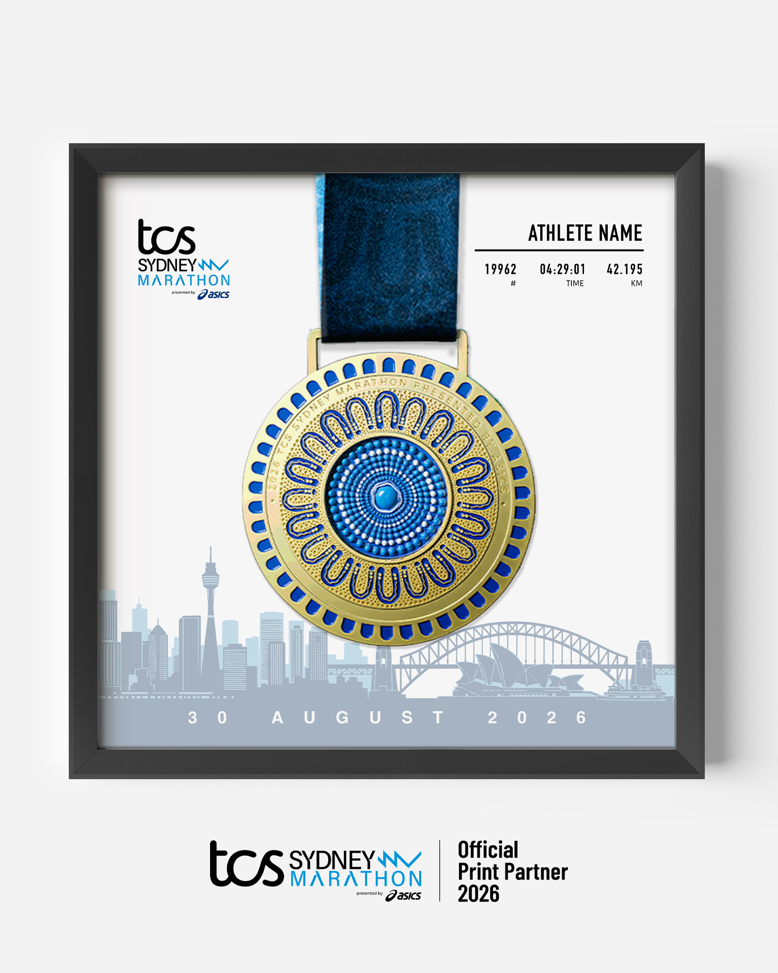 Official 2026 TCS Sydney Marathon medal collector frame featuring a finisher’s medal display alongside a race day photo and the official marathon course map, personalised with runner’s name, race number, and finish time.