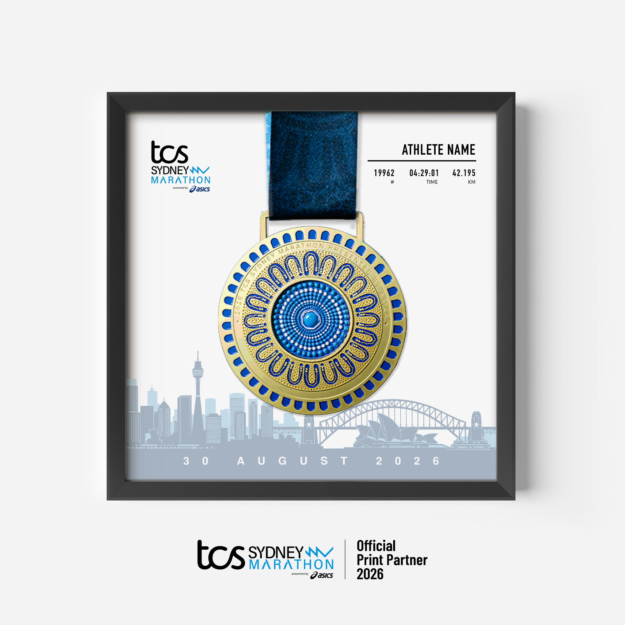 Official 2026 TCS Sydney Marathon medal collector frame featuring a finisher’s medal display alongside a race day photo and the official marathon course map, personalised with runner’s name, race number, and finish time.