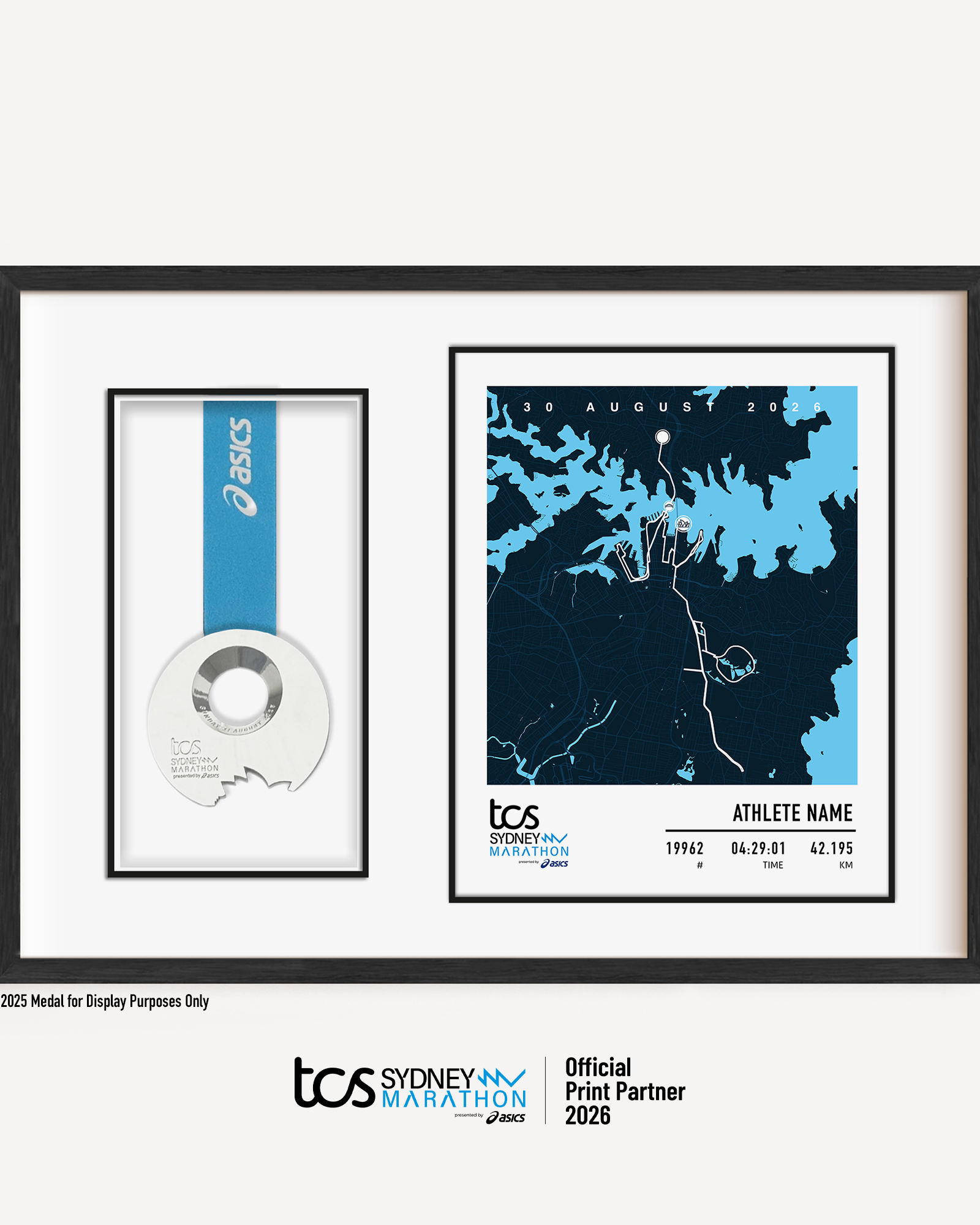 Official Sydney Marathon 2026 personalised medal display frame with space to display your race medal, featuring a custom print with the course map, event branding, bib number, finish time and runner name.