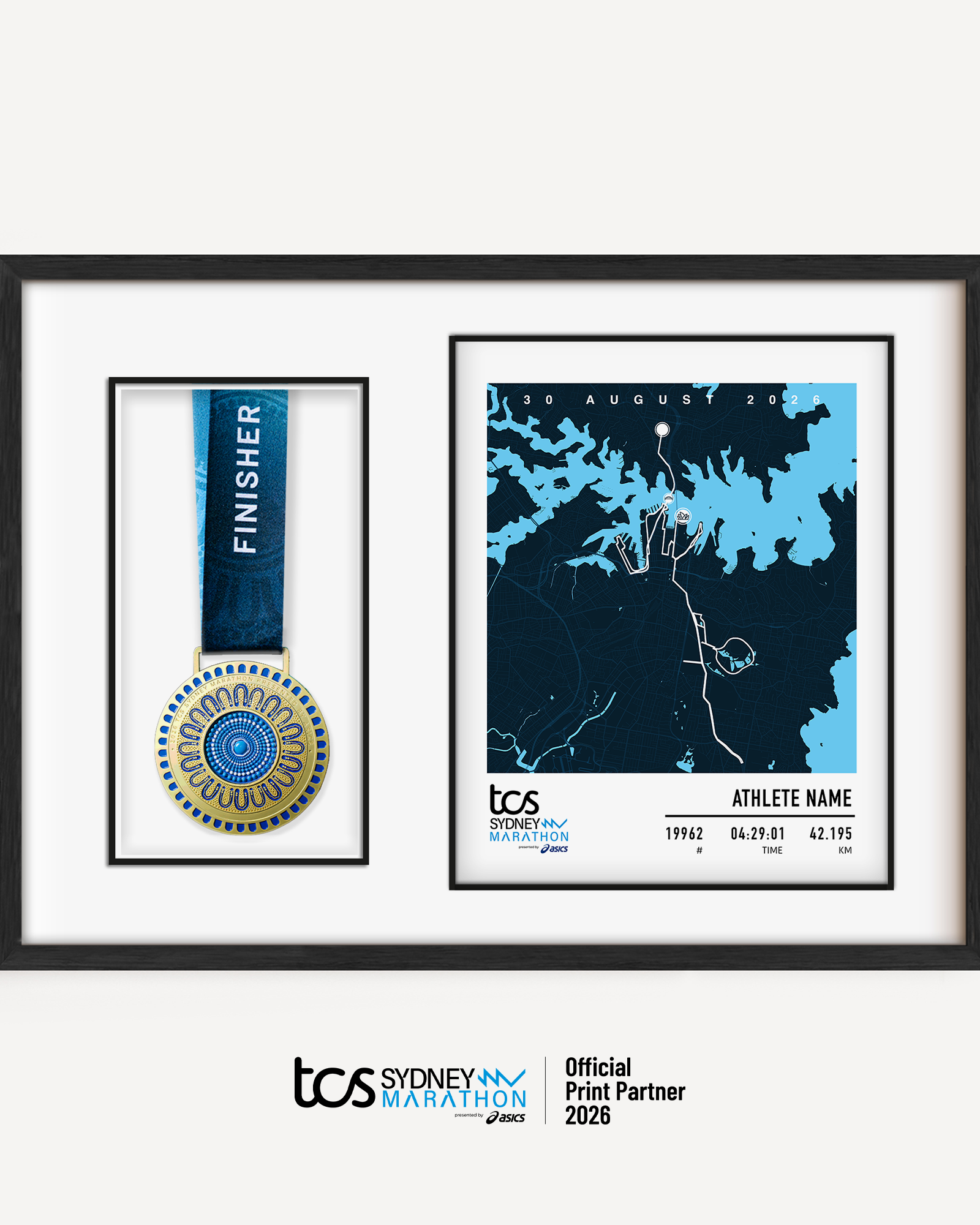Official Sydney Marathon 2026 personalised medal display frame with space to display your race medal, featuring a custom print with the course map, event branding, bib number, finish time and runner name.