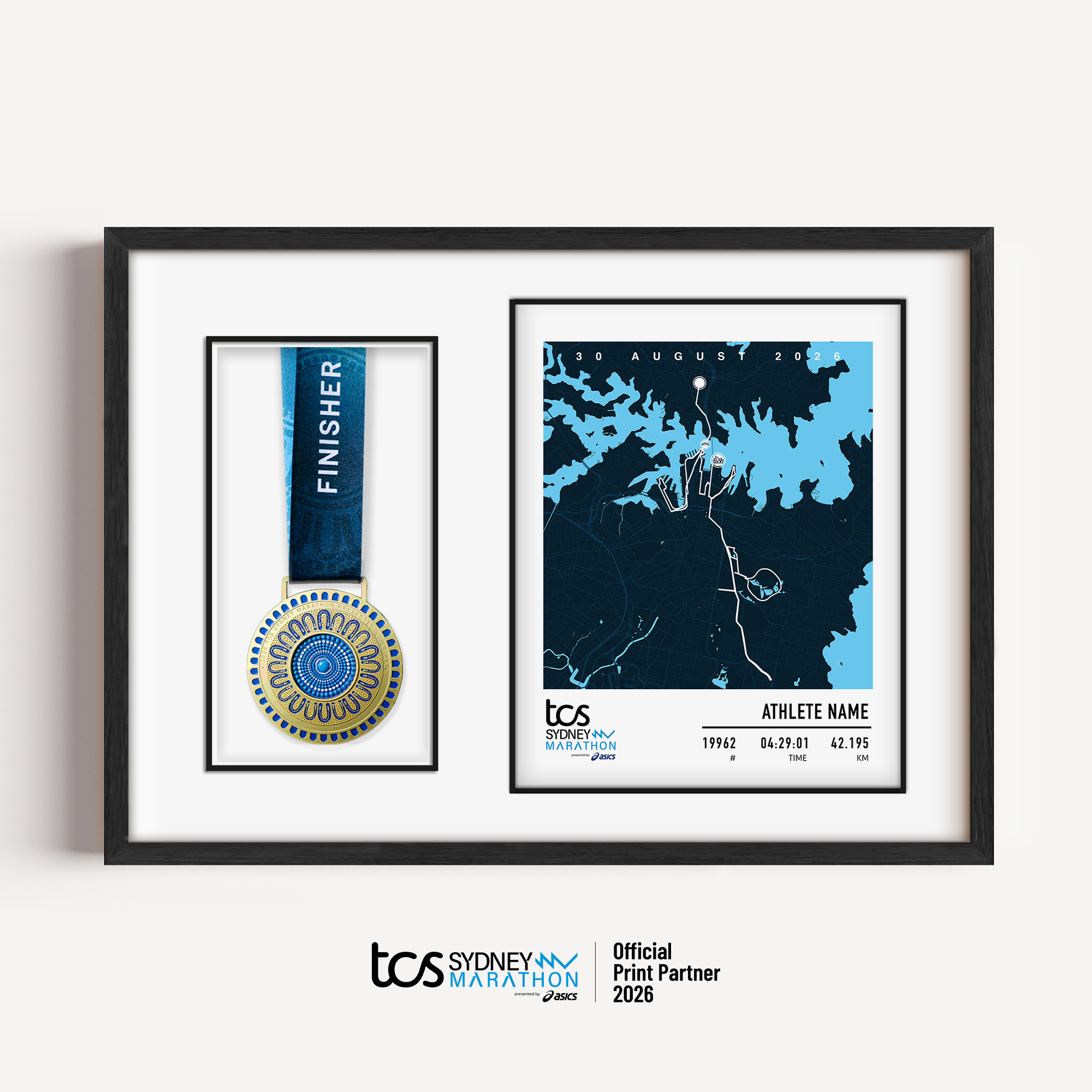 Official Sydney Marathon 2026 personalised medal display frame with space to display your race medal, featuring a custom print with the course map, event branding, bib number, finish time and runner name.