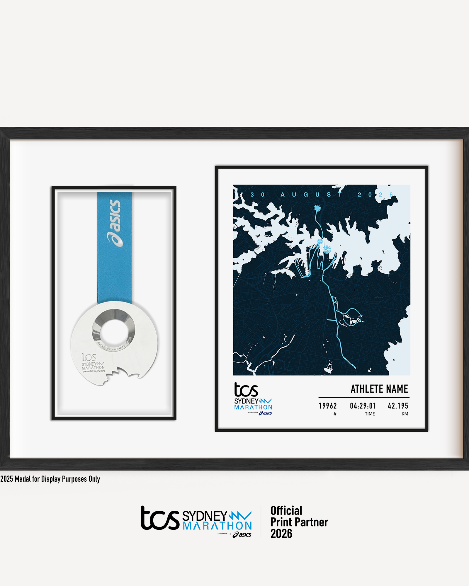 Official Sydney Marathon 2026 personalised medal display frame with space to display your race medal, featuring a custom light print design with the course map, event branding, bib number, finish time and runner name.