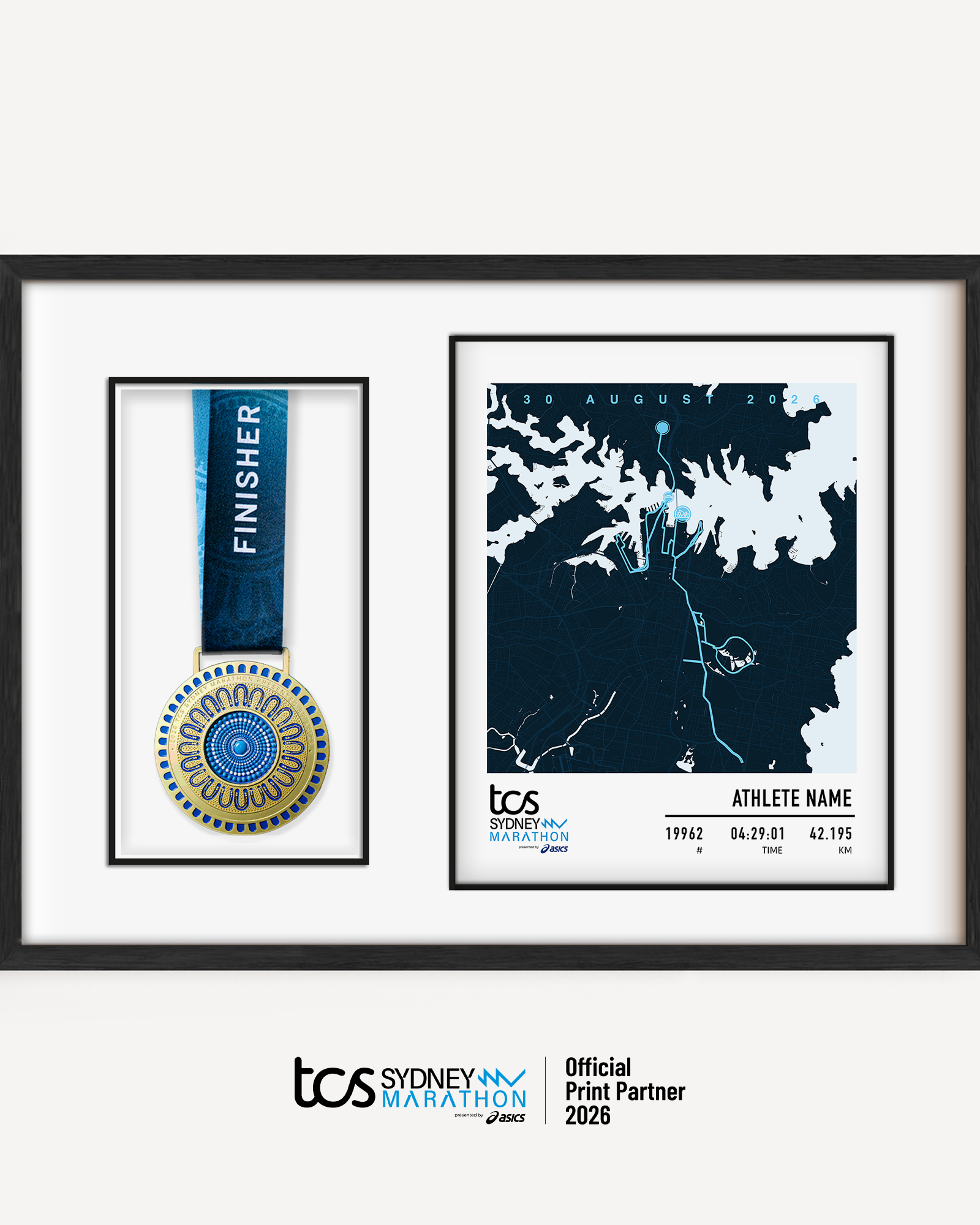 Official Sydney Marathon 2026 personalised medal display frame with space to display your race medal, featuring a custom light print design with the course map, event branding, bib number, finish time and runner name.