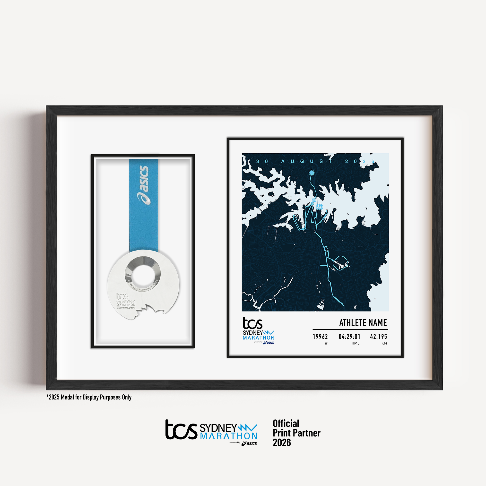 Official Sydney Marathon 2026 personalised medal display frame with space to display your race medal, featuring a custom light print design with the course map, event branding, bib number, finish time and runner name.