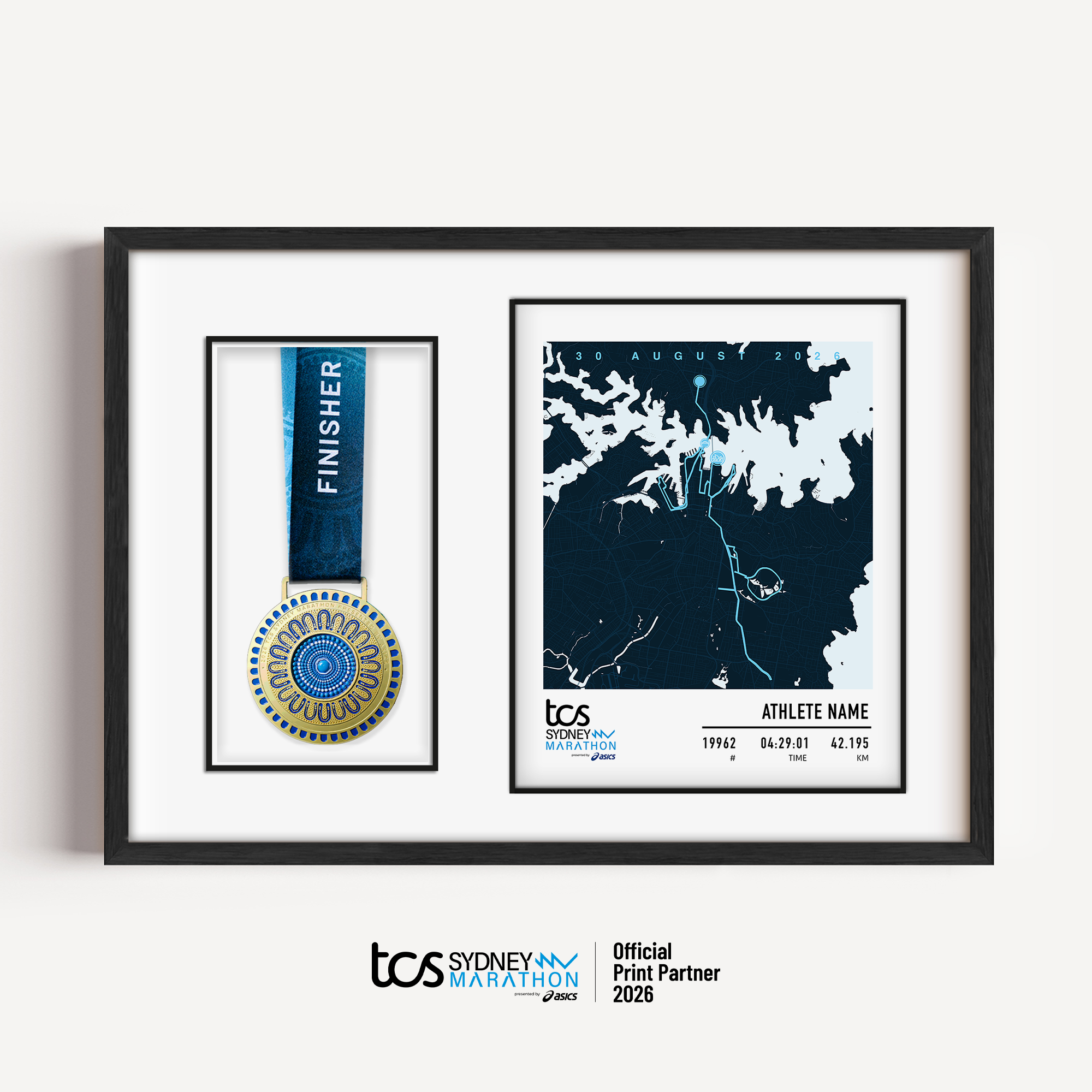 Official Sydney Marathon 2026 personalised medal display frame with space to display your race medal, featuring a custom light print design with the course map, event branding, bib number, finish time and runner name.