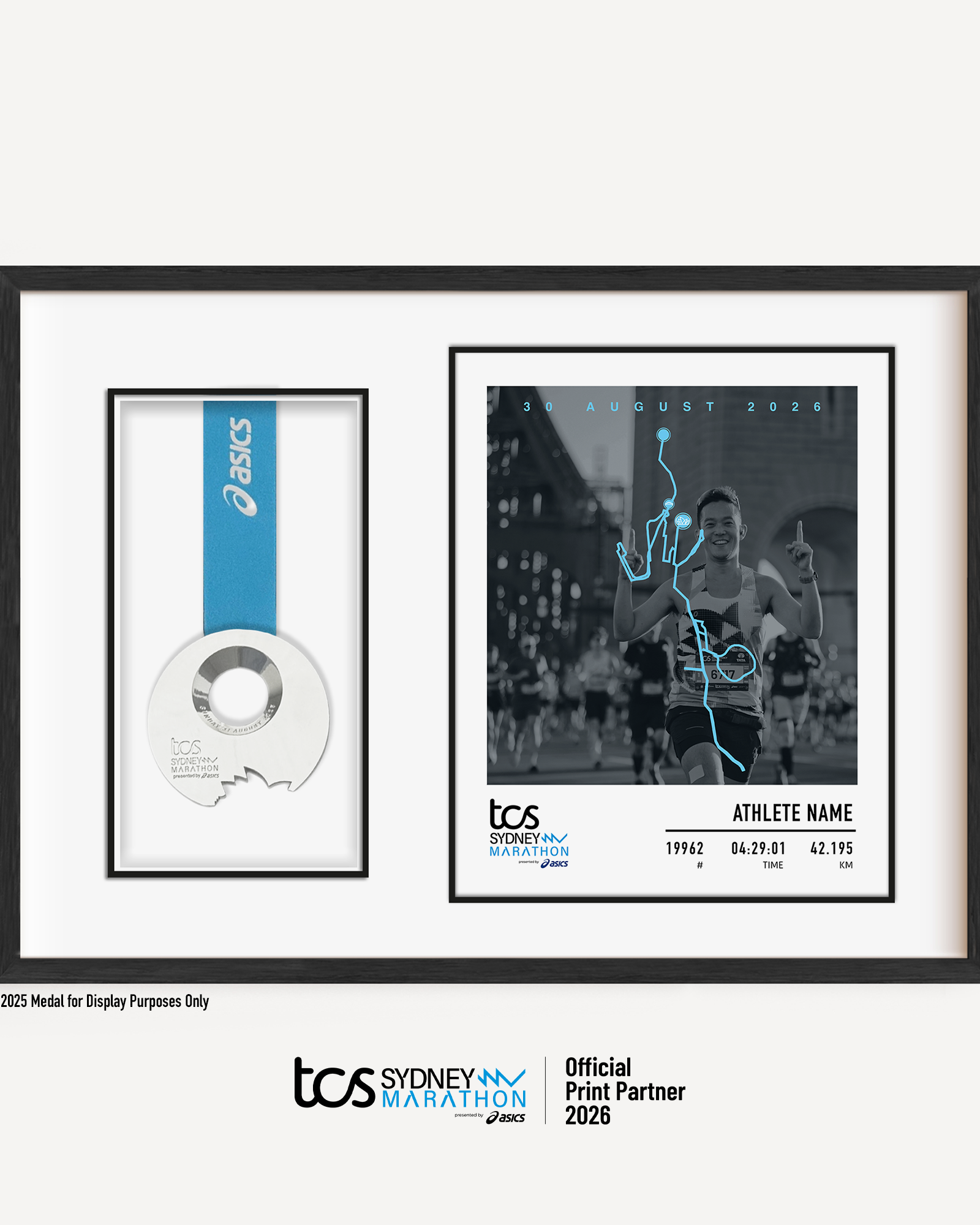 Official Sydney Marathon 2026 personalised medal display frame featuring your uploaded race photo, space for your medal, course map, event details, bib number, finish time and runner name.