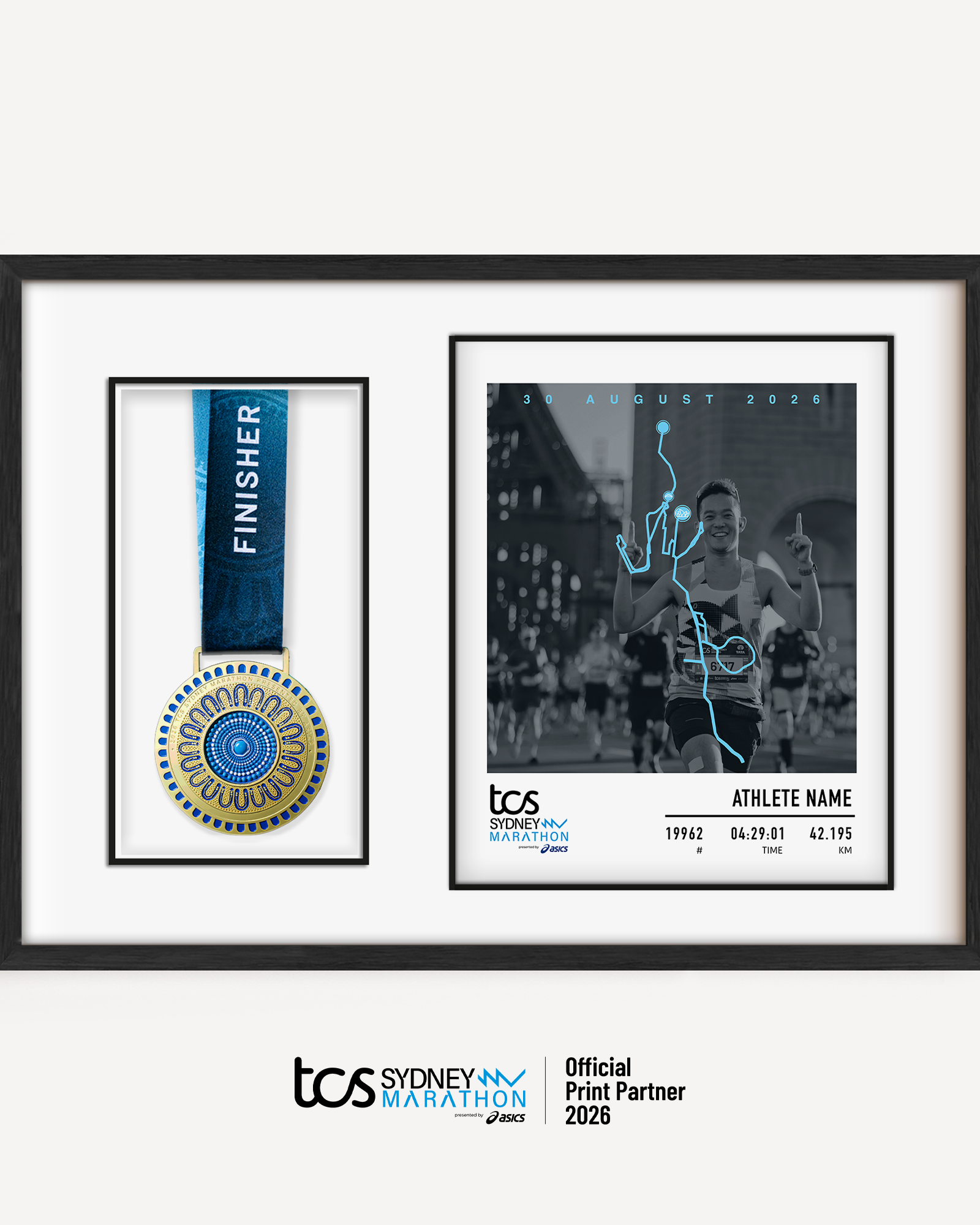 Official Sydney Marathon 2026 personalised medal display frame featuring your uploaded race photo, space for your medal, course map, event details, bib number, finish time and runner name.