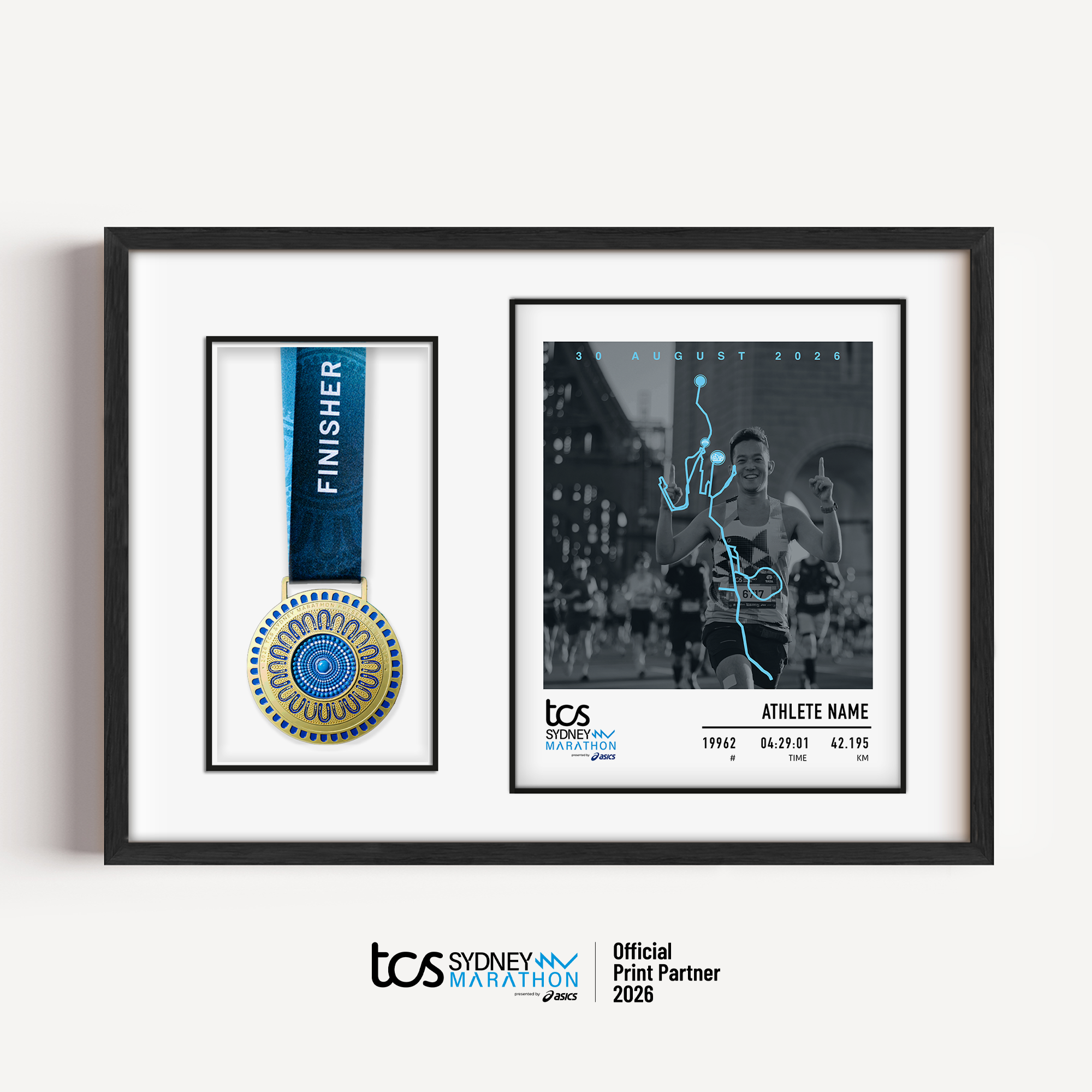 Official Sydney Marathon 2026 personalised medal display frame featuring your uploaded race photo, space for your medal, course map, event details, bib number, finish time and runner name.