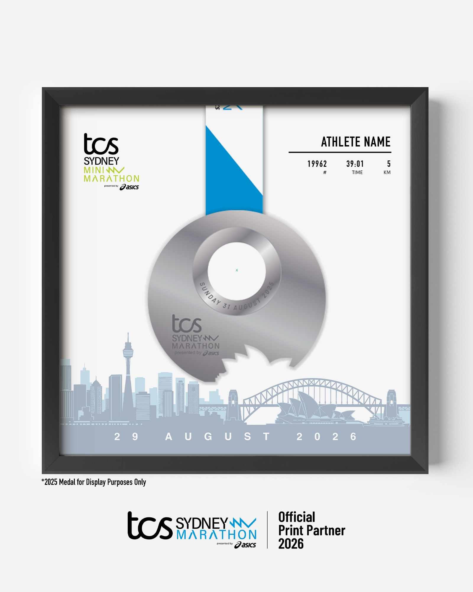 Official 2026 TCS Sydney Mini Marathon medal collector frame designed to display a finisher’s medal with a race day photo and course map, personalised with runner’s name, race number, and finish time.