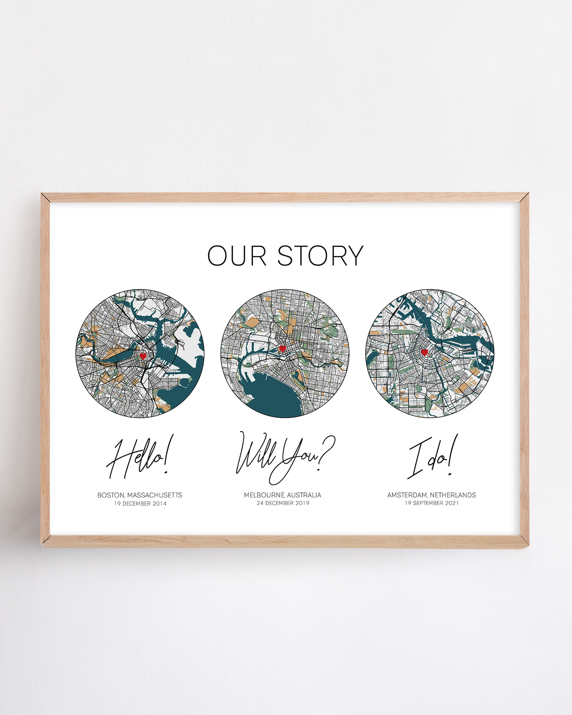 Custom anniversary print on paper featuring the phrases "Our Story," "Hello," "Will You?," and "I Do"—a personalized design celebrating a couple’s journey, honoring the traditional first-year anniversary gift of paper