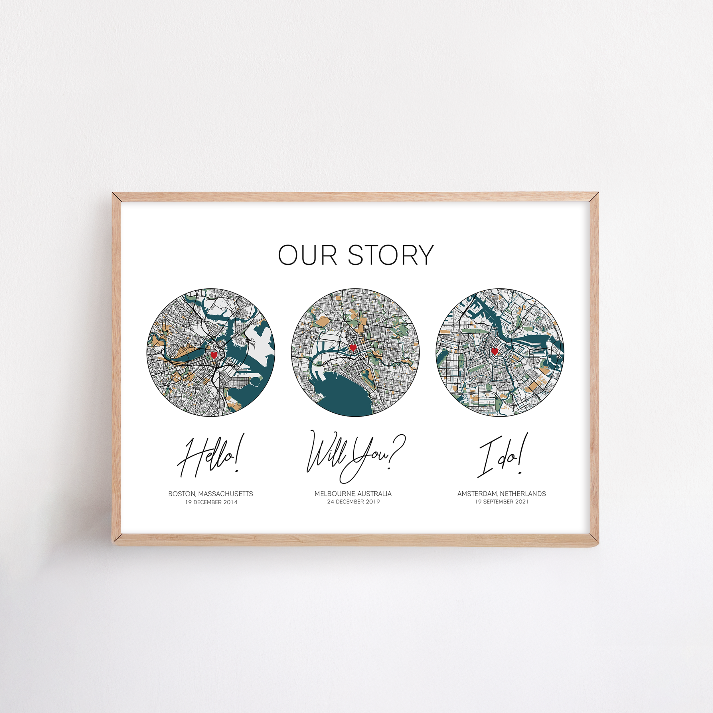 Custom anniversary print on paper featuring the phrases "Our Story," "Hello," "Will You?," and "I Do"—a personalized design celebrating a couple’s journey, honoring the traditional first-year anniversary gift of paper
