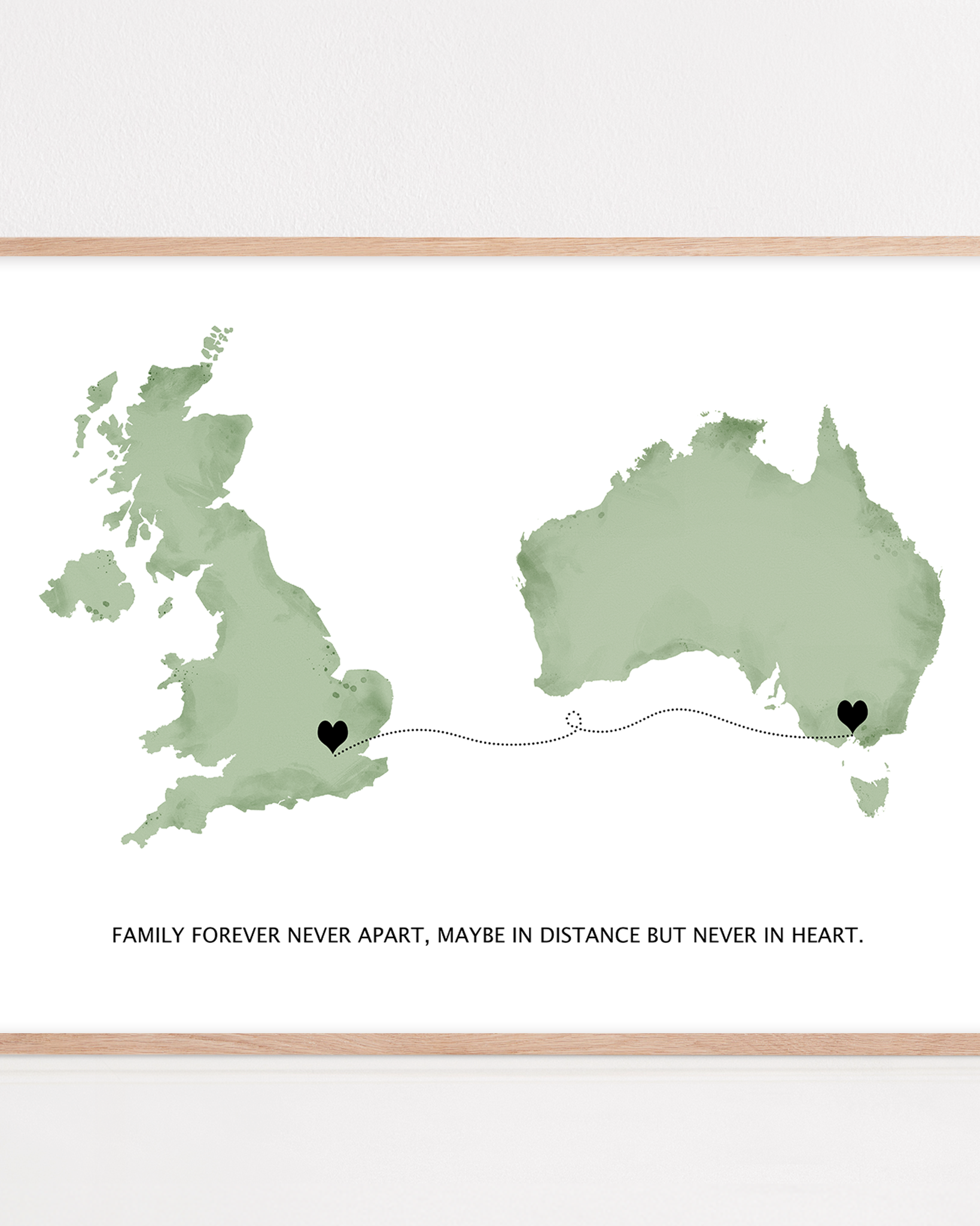 Long Distance Family Gift framed print London to Australia, Long Distance Map Print, Maybe in distance, never in heart quote