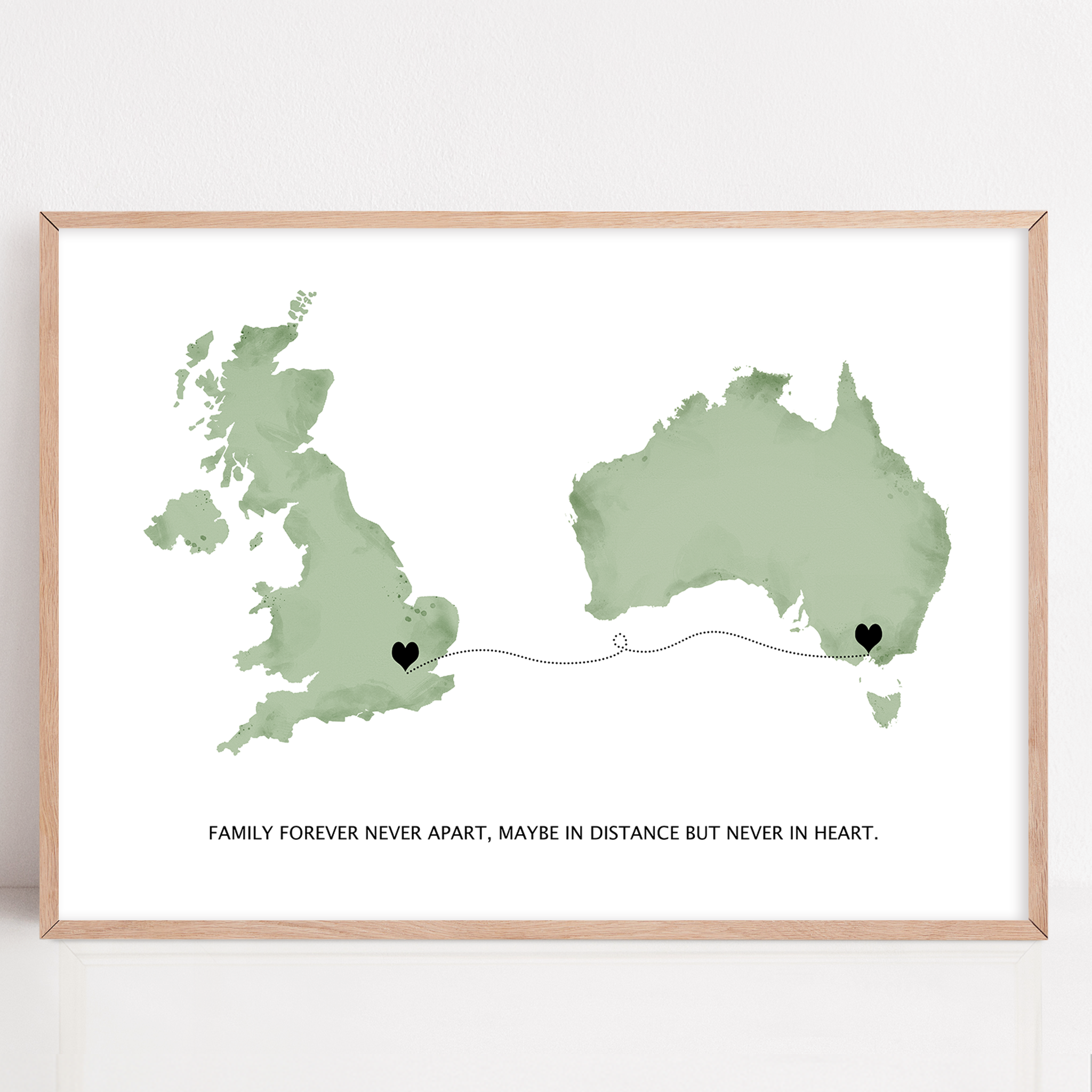 Long Distance Family Gift framed print London to Australia, Long Distance Map Print, Maybe in distance, never in heart quote