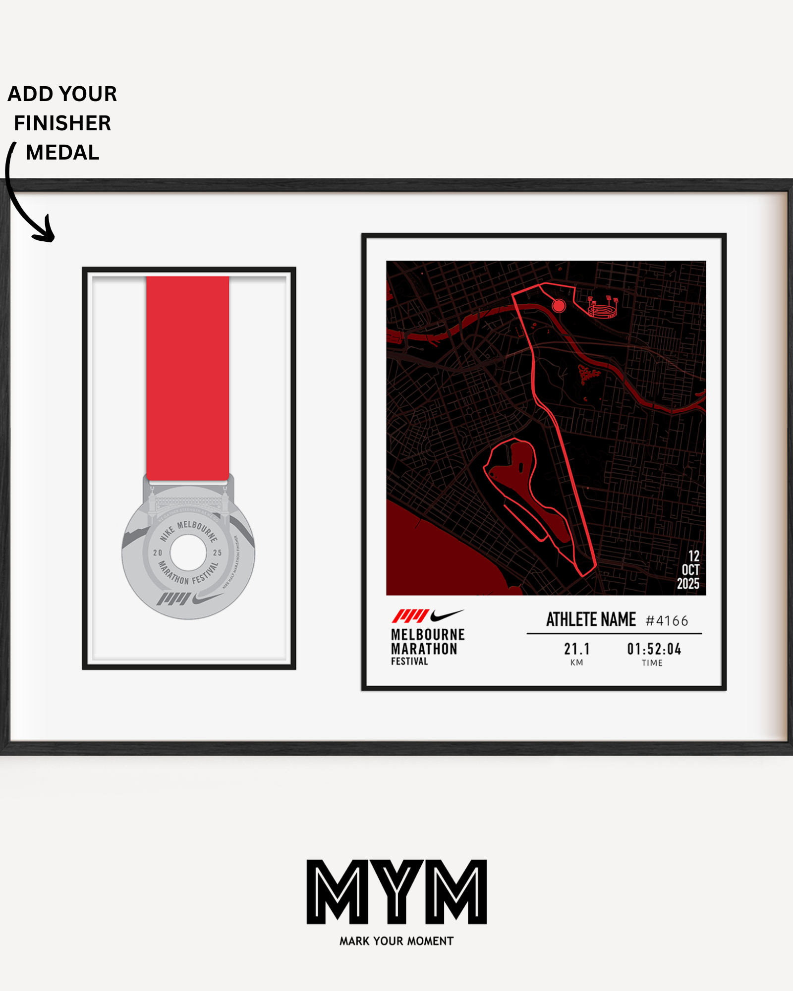 Celebrate your run with the Official 2025 Melbourne Half Marathon Medal Display Frame, featuring a personalised print of the full race course to the MCG alongside your name, bib number, and finish time—professionally framed beside your finisher’s medal in a sleek commemorative design.