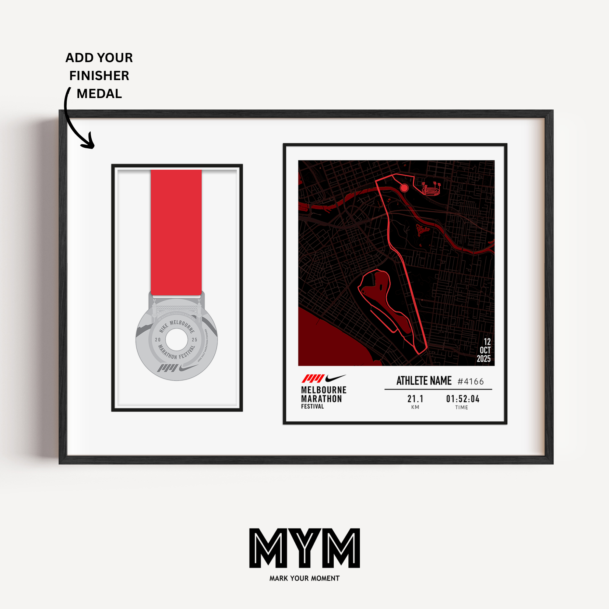 Celebrate your run with the Official 2025 Melbourne Half Marathon Medal Display Frame, featuring a personalised print of the full race course to the MCG alongside your name, bib number, and finish time—professionally framed beside your finisher’s medal in a sleek commemorative design.