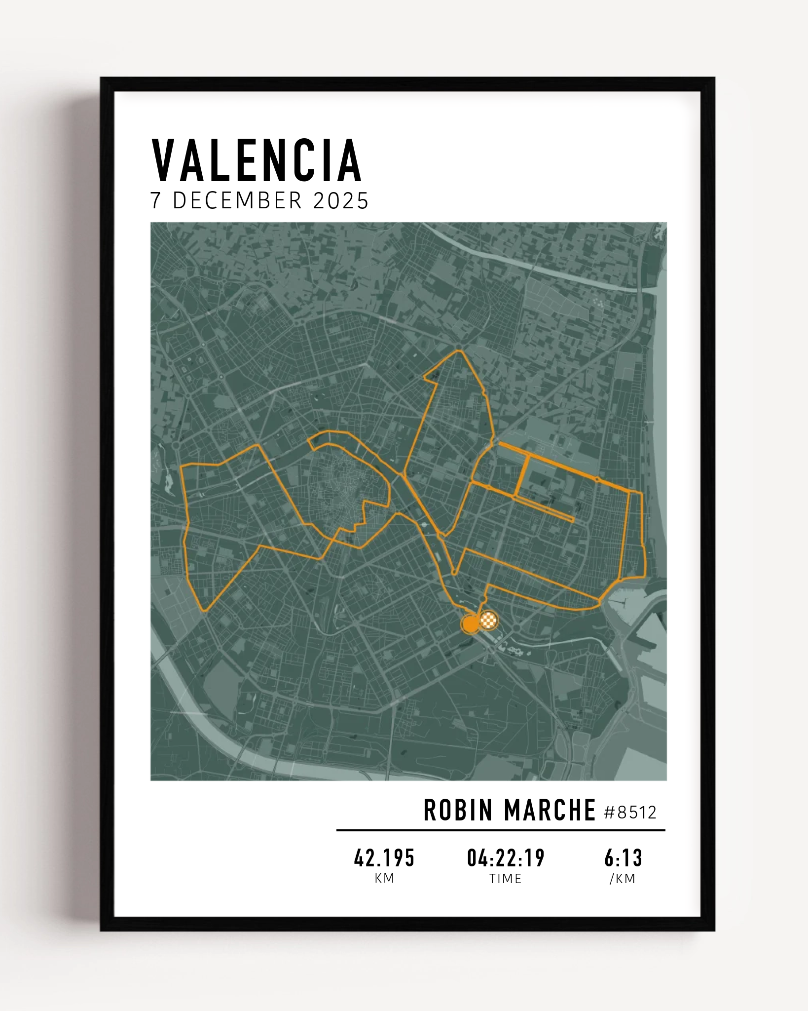 Valencia Marathon Print Gift for Runners Post Race Gift, framed Marató Valencia route print with custom statistics and time. Showcase the marathon map poster