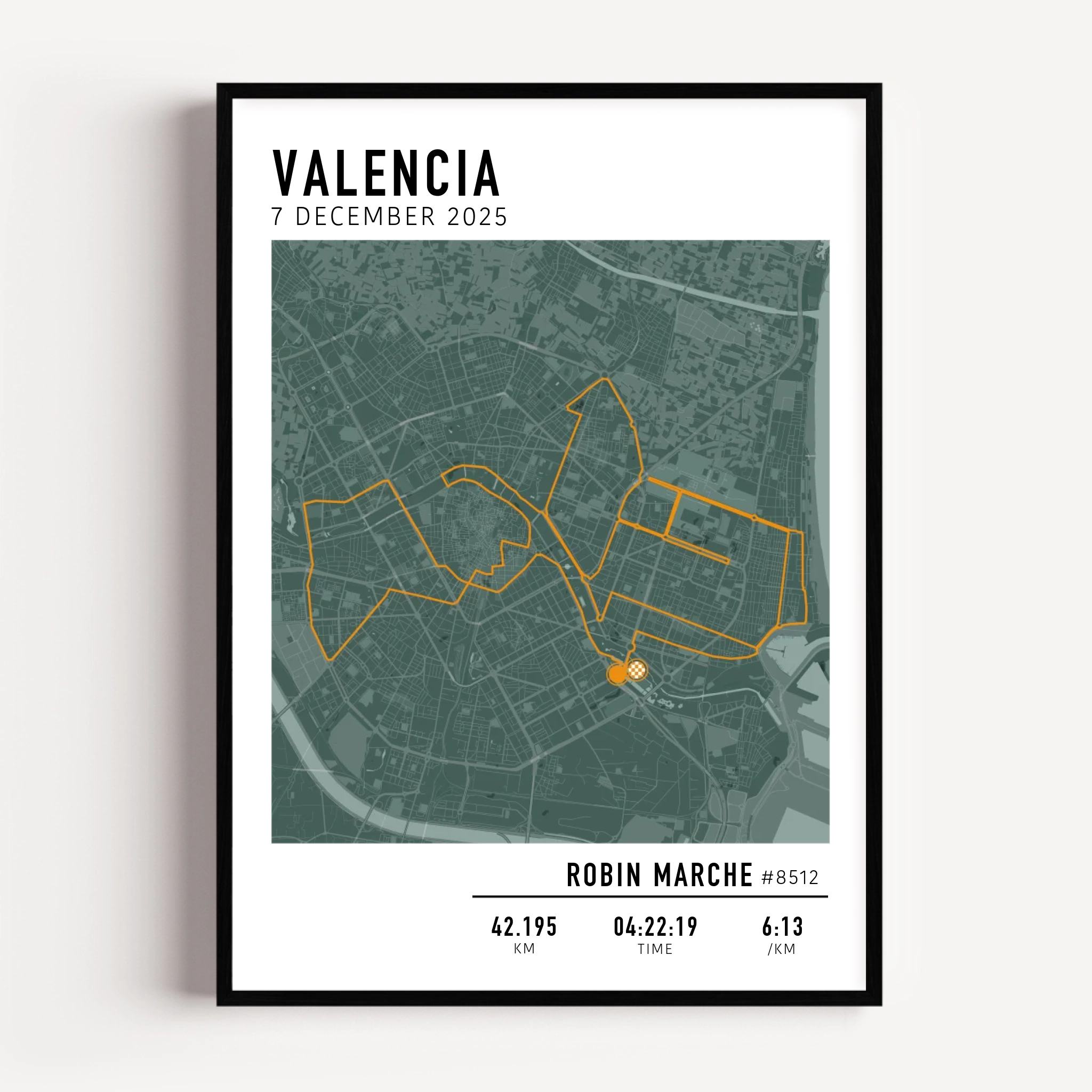 Valencia Marathon Print Gift for Runners Post Race Gift, framed Marató Valencia route print with custom statistics and time. Showcase the marathon map poster