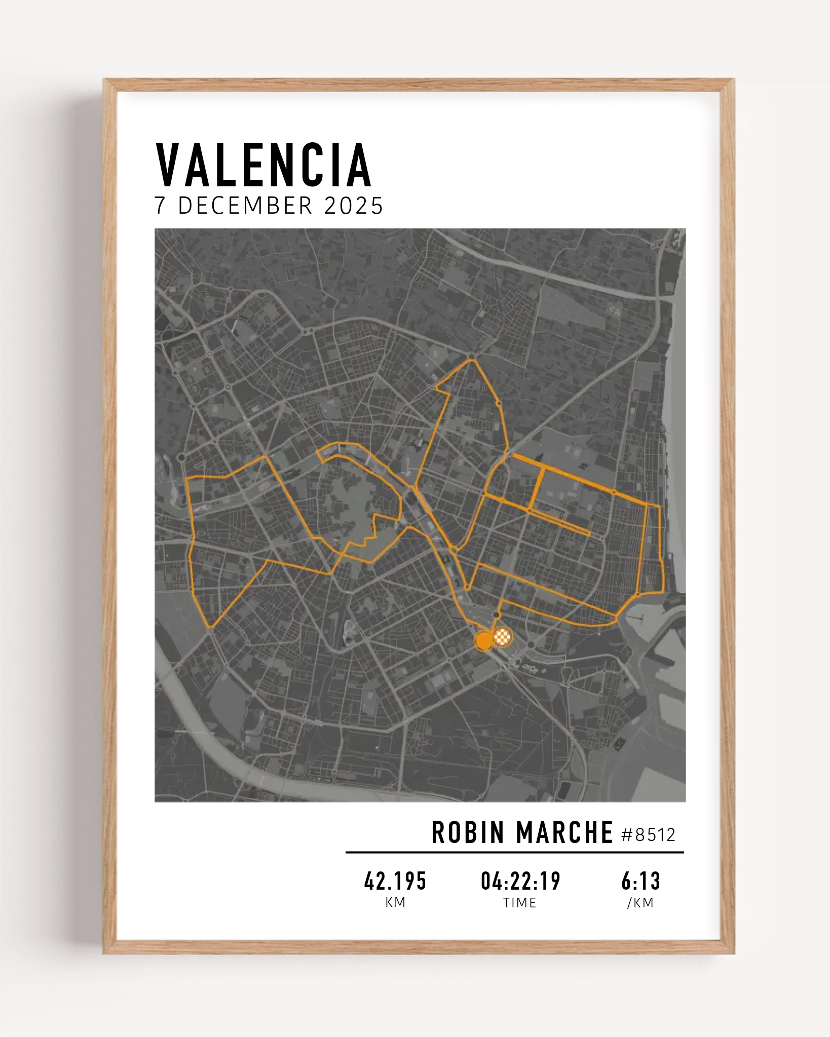 Valencia Marathon Print Gift for Runners Post Race Gift, framed Marató Valencia route print with custom statistics and time. Showcase the marathon map poster