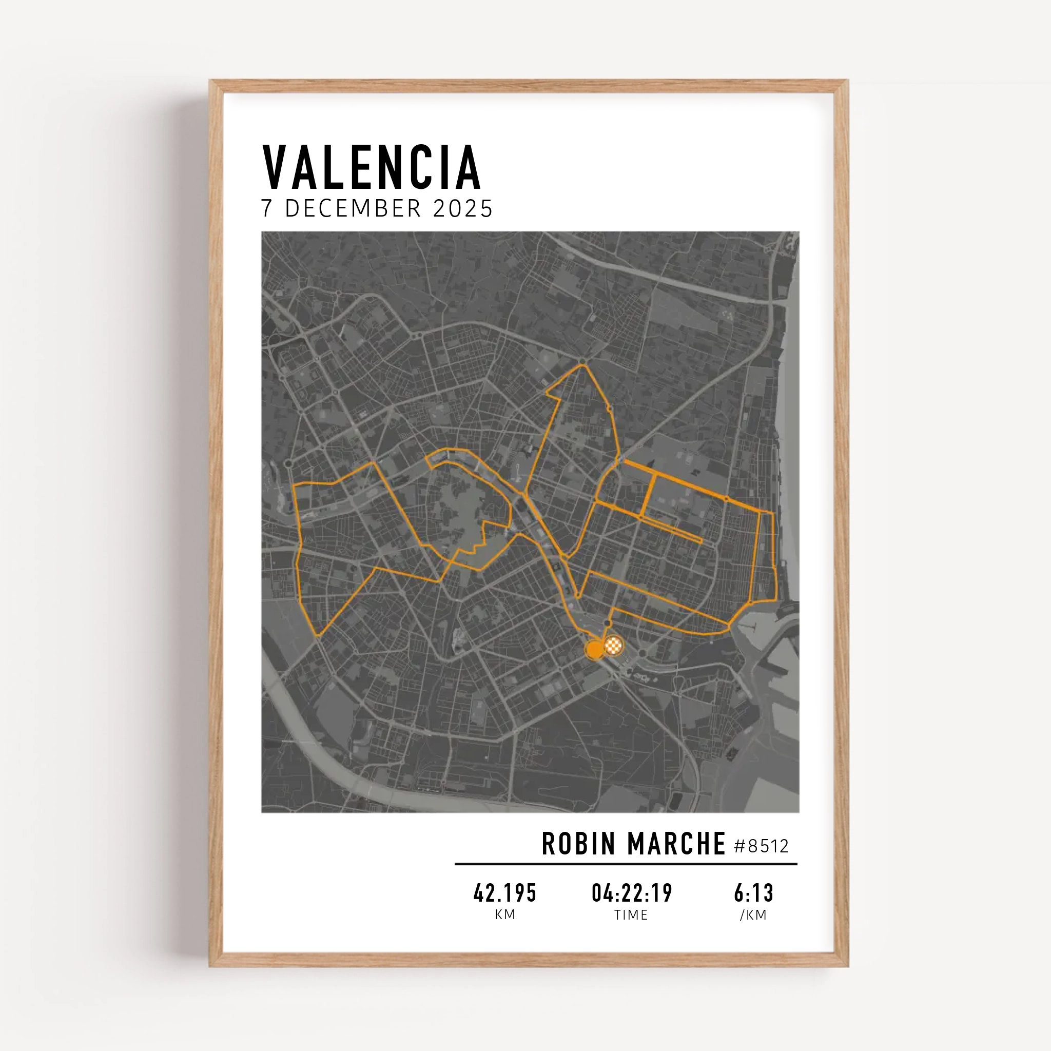 Valencia Marathon Print Gift for Runners Post Race Gift, framed Marató Valencia route print with custom statistics and time. Showcase the marathon map poster