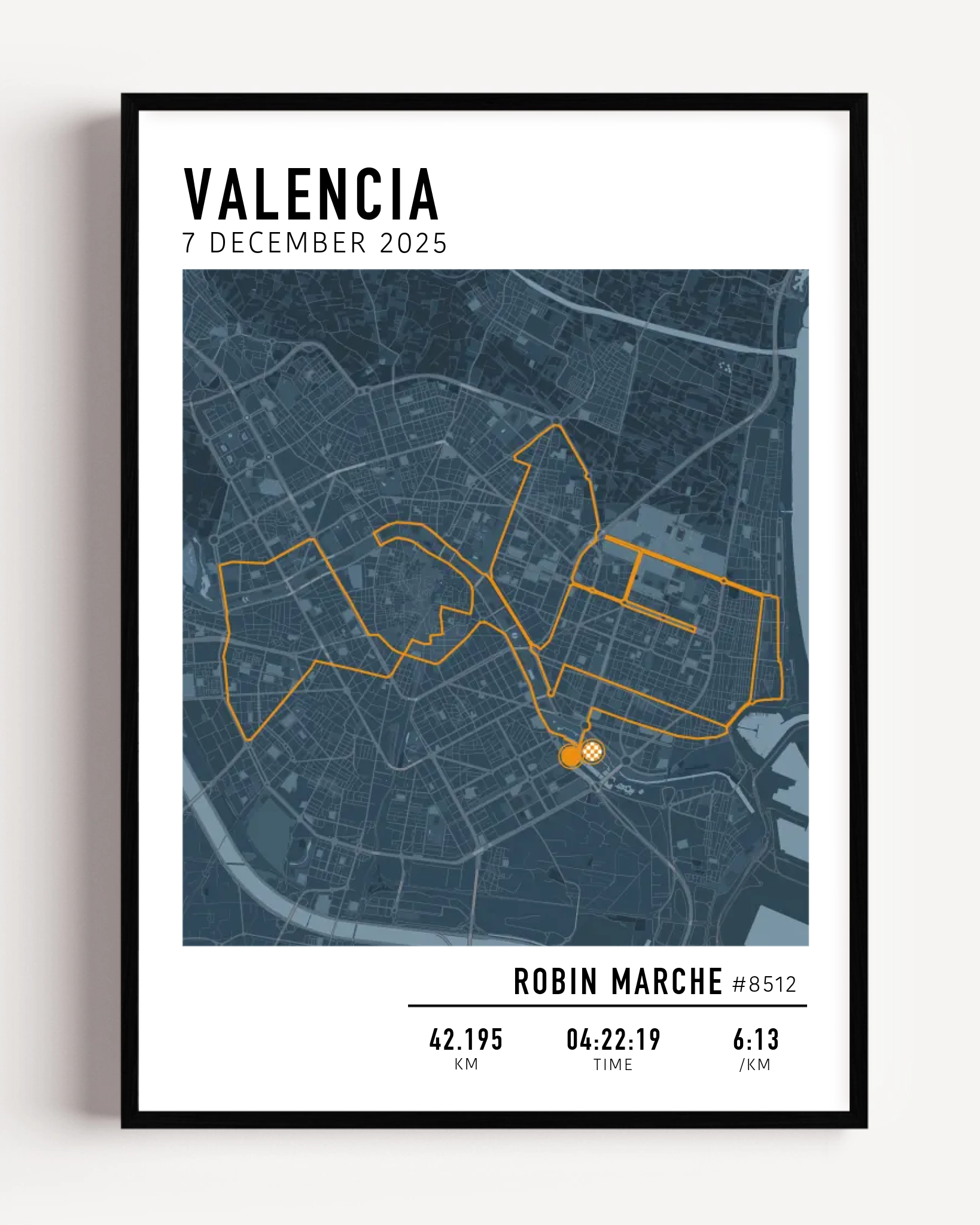 Valencia Marathon Print Gift for Runners Post Race Gift, framed Marató Valencia route print with custom statistics and time. Showcase the marathon map poster