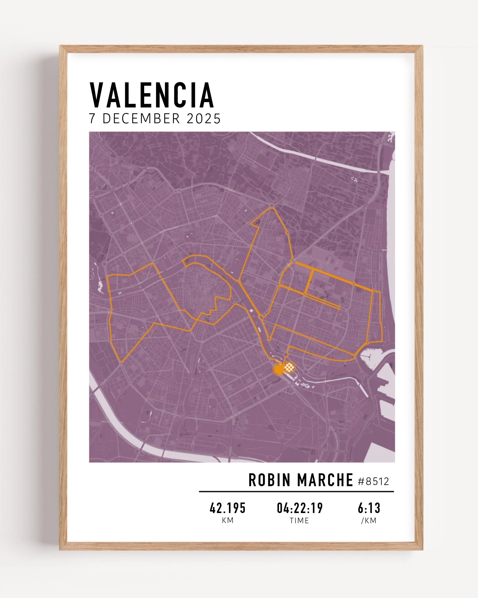 Valencia Marathon Print Gift for Runners Post Race Gift, framed Marató Valencia route print with custom statistics and time. Showcase the marathon map poster