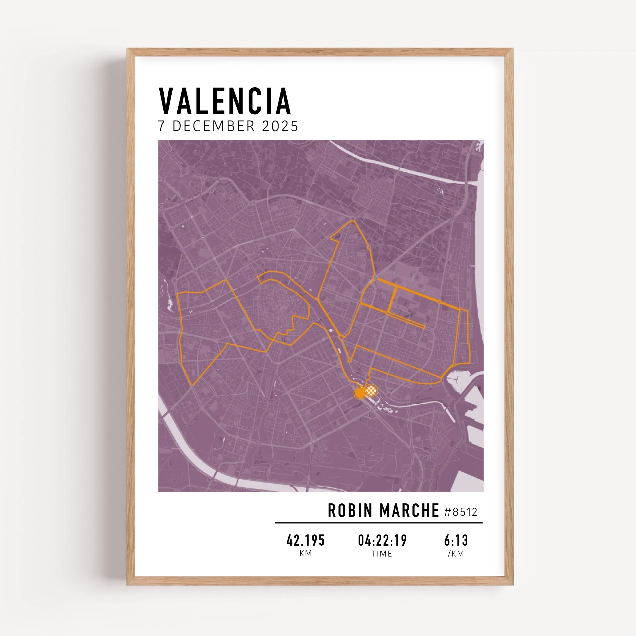Valencia Marathon Print Gift for Runners Post Race Gift, framed Marató Valencia route print with custom statistics and time. Showcase the marathon map poster