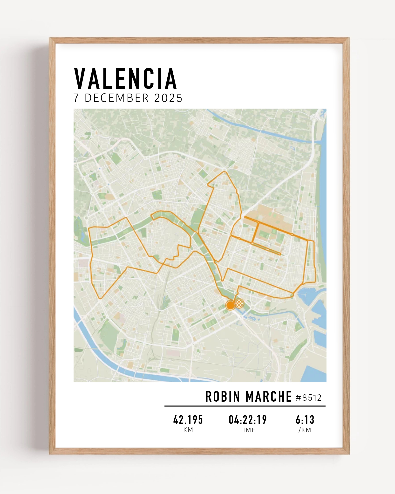 Valencia Marathon Print Gift for Runners Post Race Gift, framed Marató Valencia route print with custom statistics and time. Showcase the marathon map poster