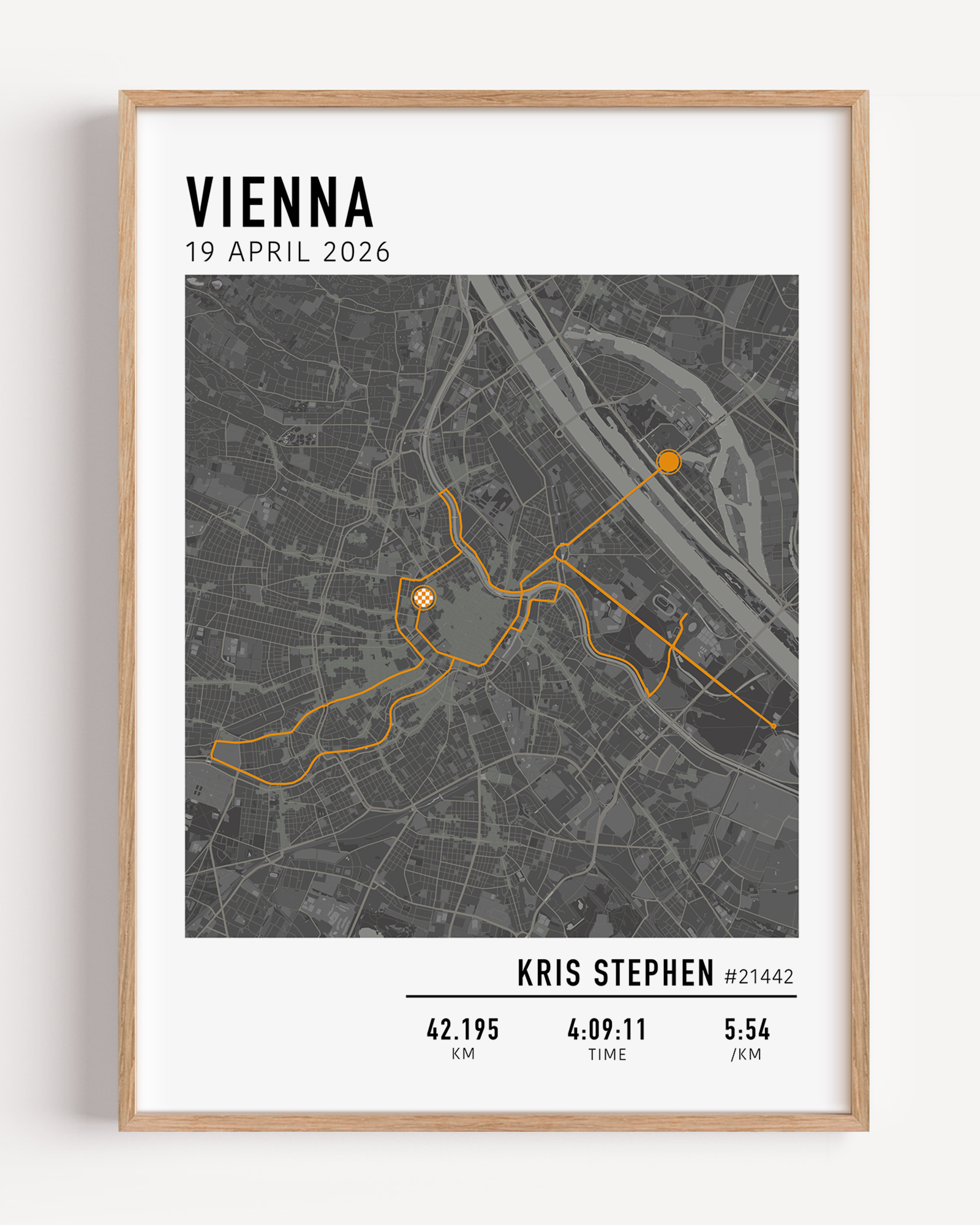 Personalised Vienna marathon route poster with clean dark map style, showcasing 42.195 km course, finish time and average pace.