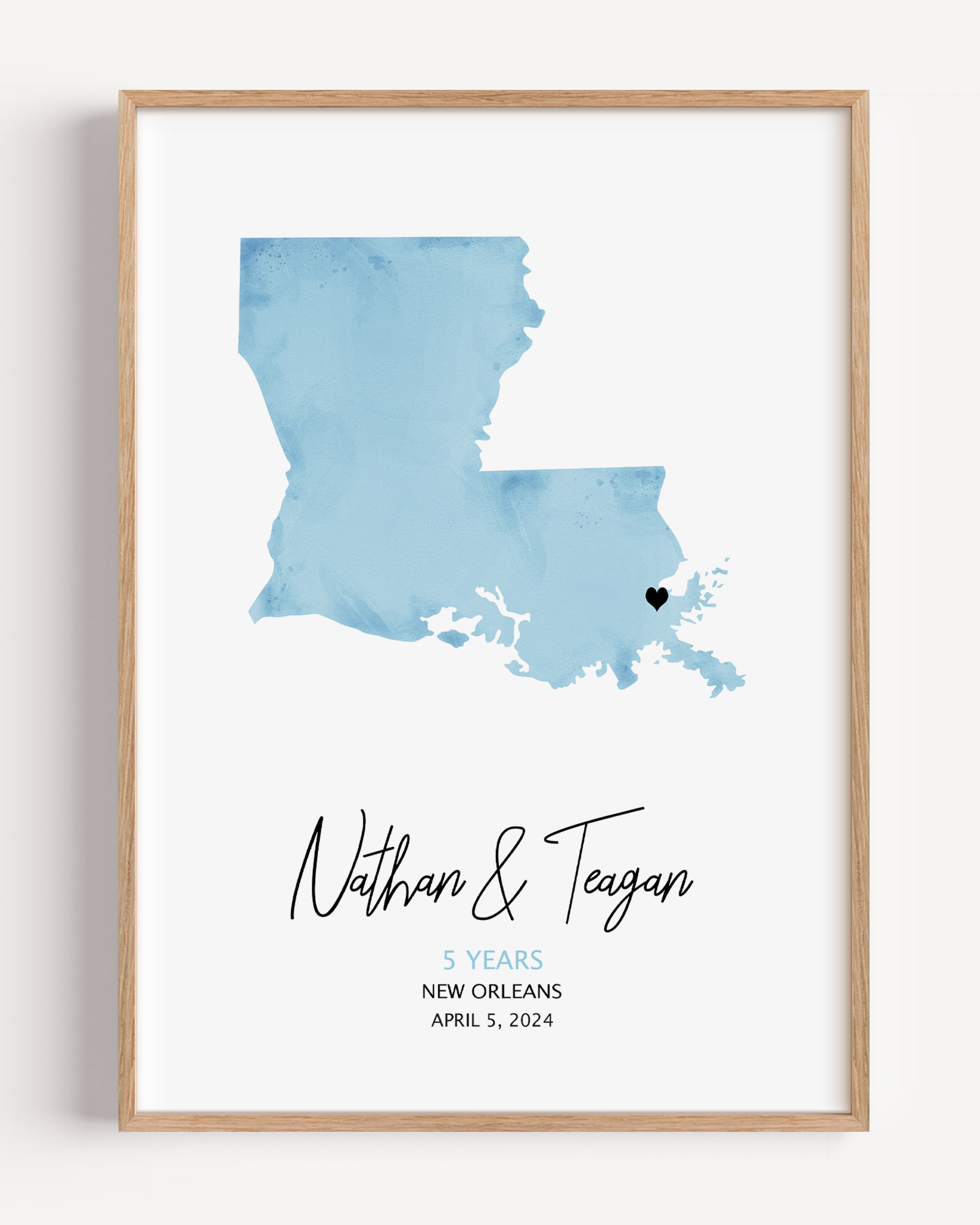 Custom watercolor map print showcasing a softly blended, artistic map of a chosen location, personalized with coordinates, names, and a special date.