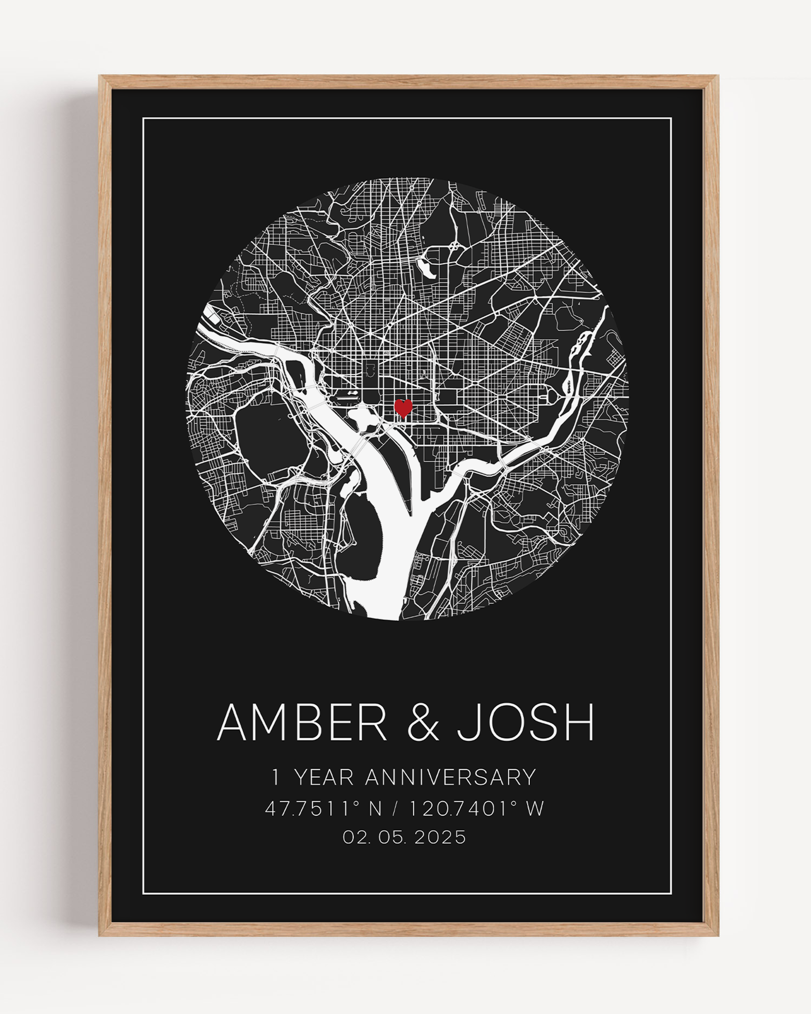 A framed print of a custom 1 year anniversary gift. This custom map print shows the circle anniversary map. The design is unique to your date, location and is purchased as a personalized gift.