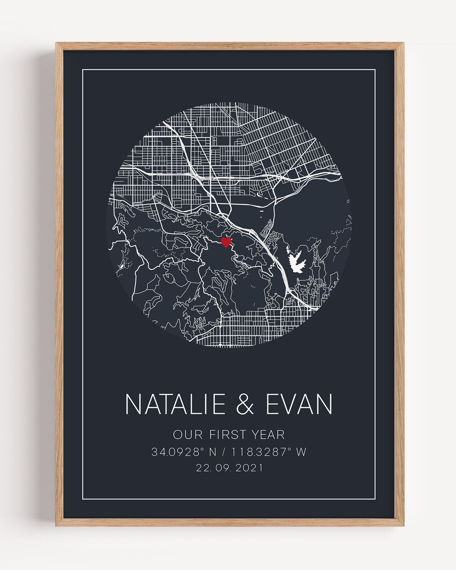 A framed print of a custom 1 year anniversary gift. This custom map print shows the circle anniversary map. The design is unique to your date, location and is purchased as a personalized gift.