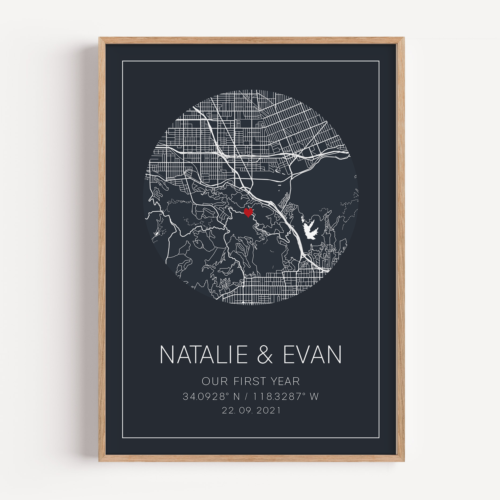 A framed print of a custom 1 year anniversary gift. This custom map print shows the circle anniversary map. The design is unique to your date, location and is purchased as a personalized gift.