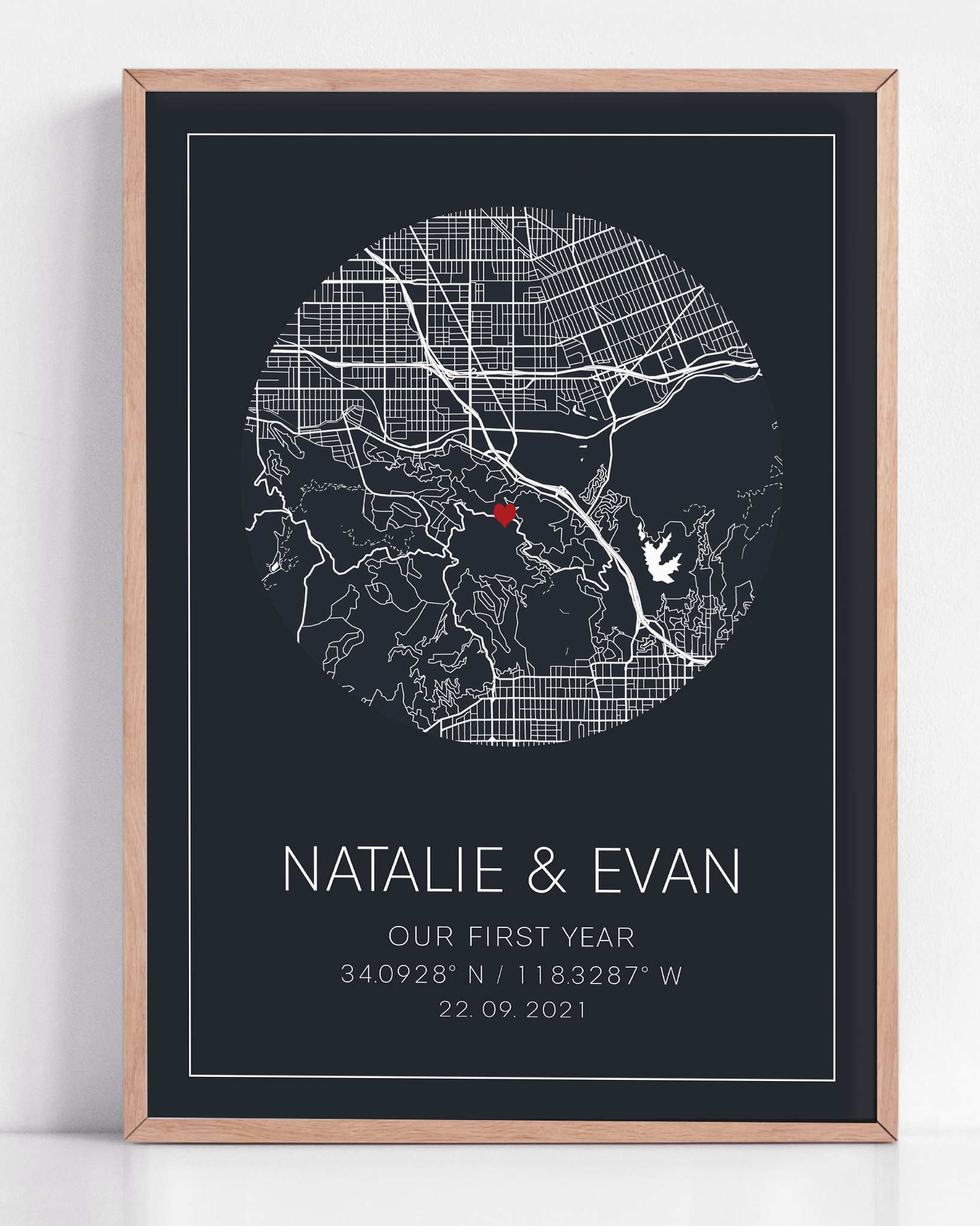 A framed print of a custom 1 year anniversary gift. This custom map print shows the circle anniversary map. The design is unique to your date, location and is purchased as a personalized gift.