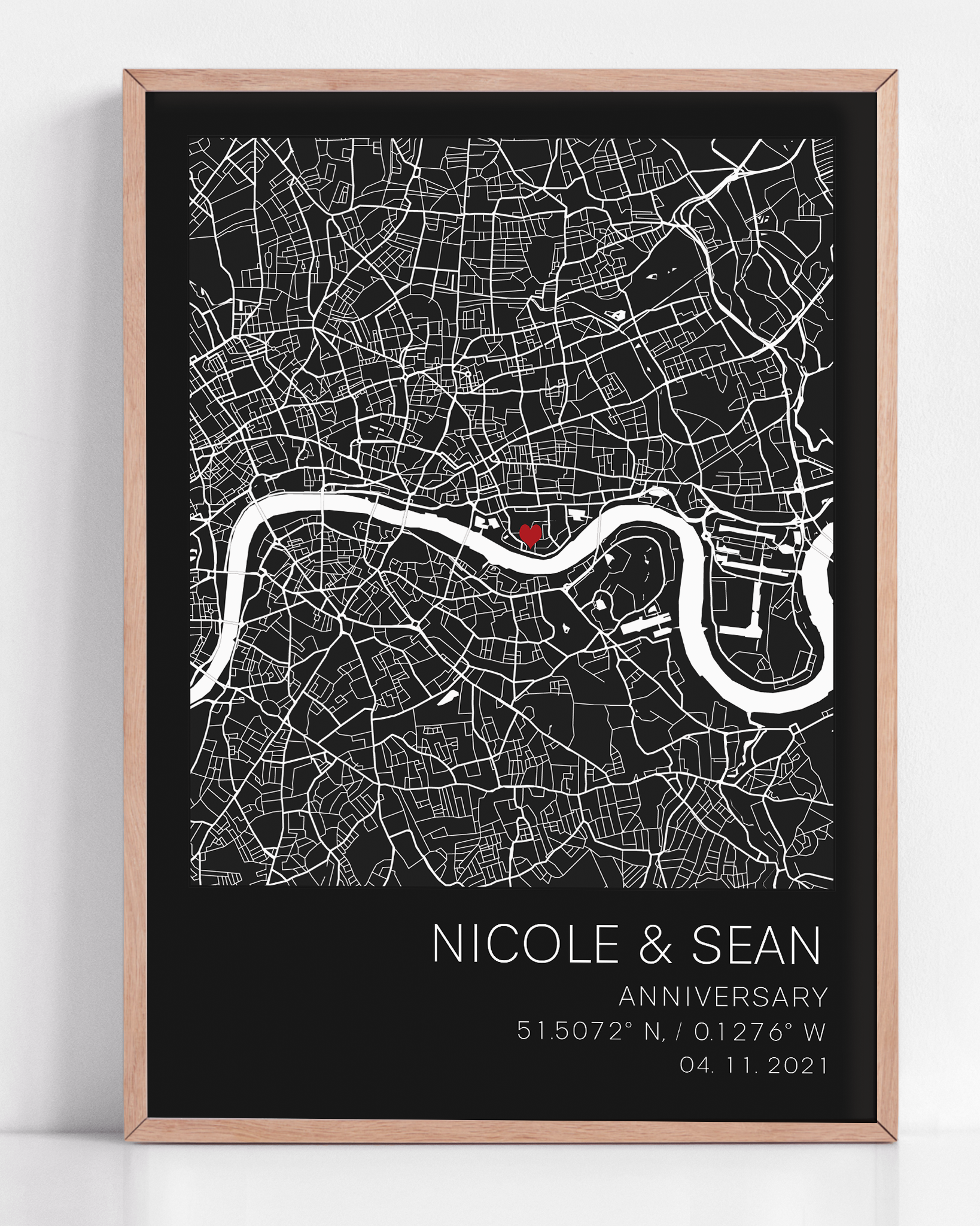 A custom anniversary gift framed with coordinate map