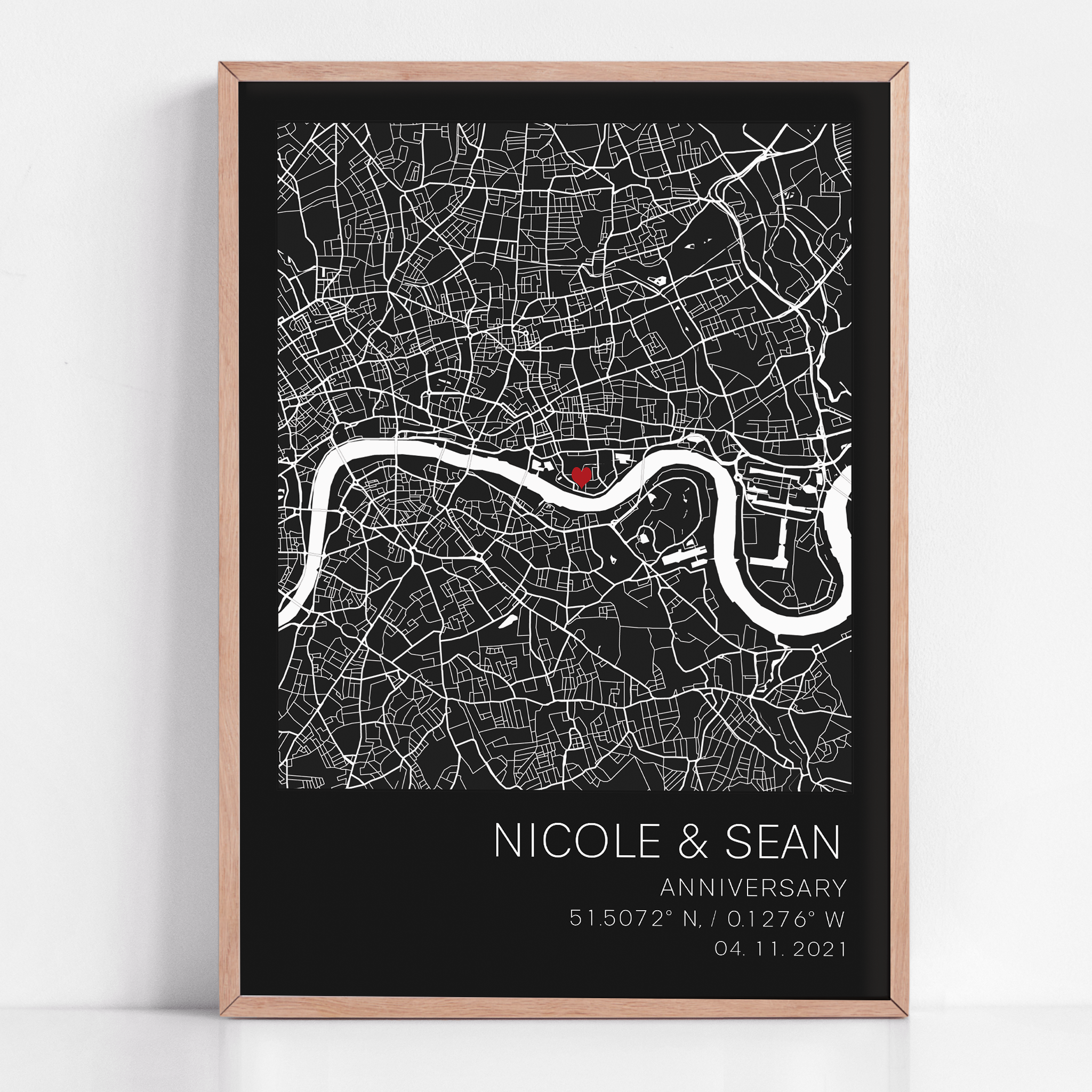 A custom anniversary gift framed with coordinate map