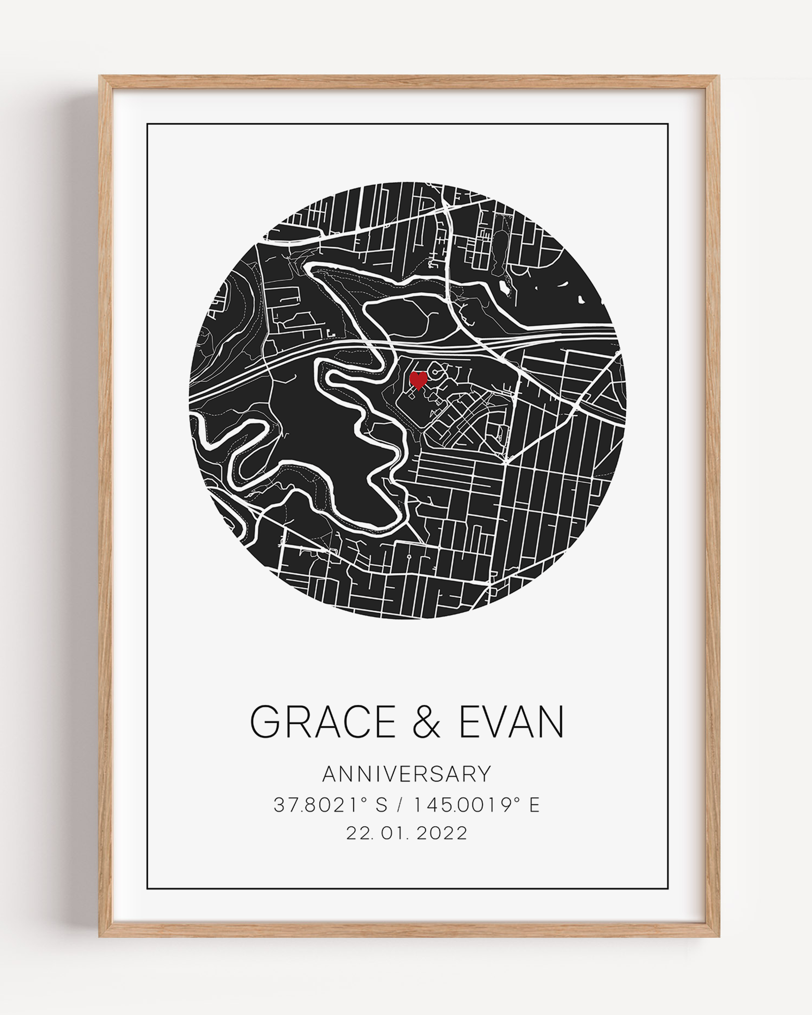 Custom anniversary map print showing a heart-shaped map centered on a meaningful location, marked with geographic coordinates and personalized names or date.