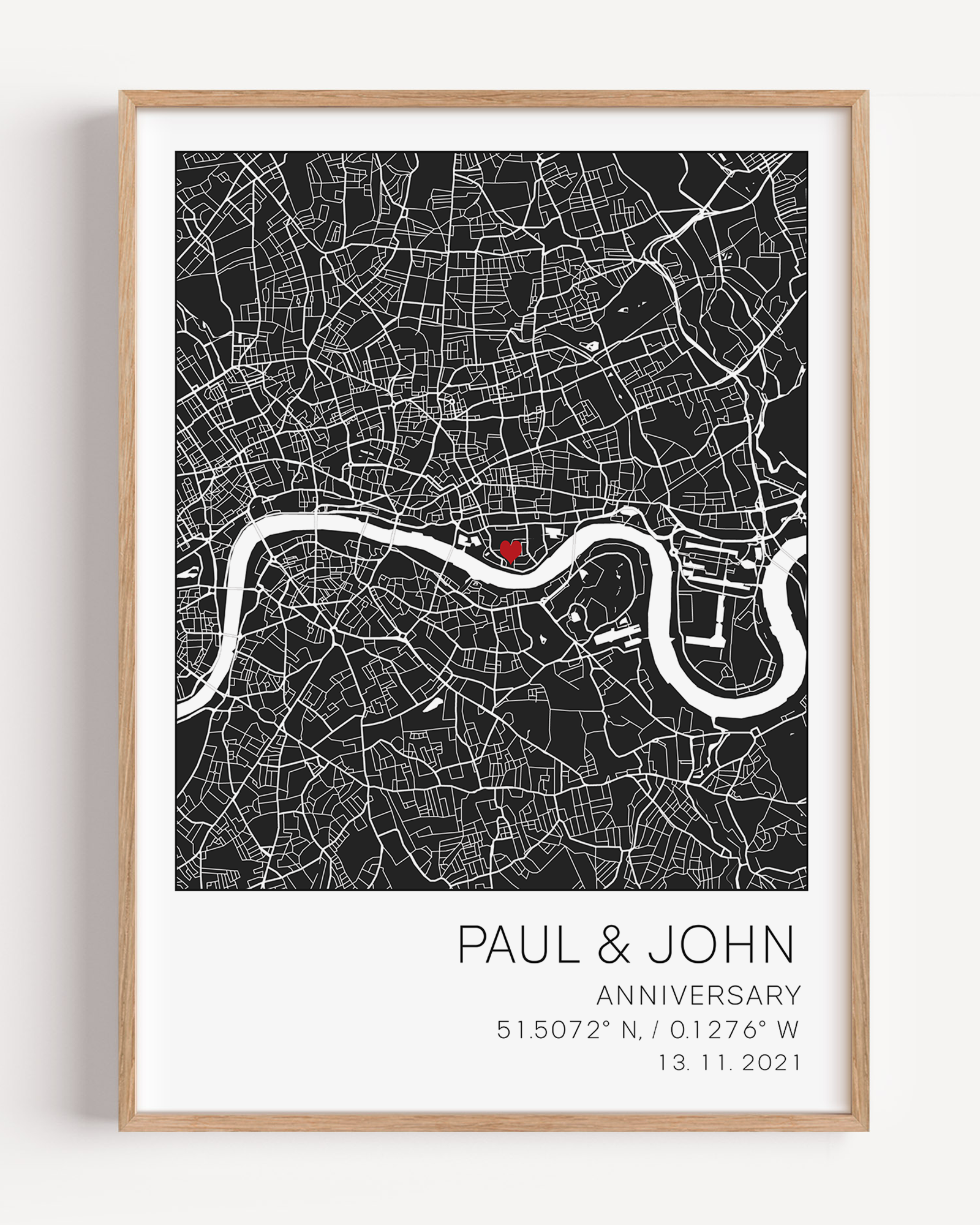 "Framed 5-year anniversary custom map print featuring the location where the couple met, married, or lived, with personalized names, date, and heartfelt message—celebrating five years of shared memories and journey together.